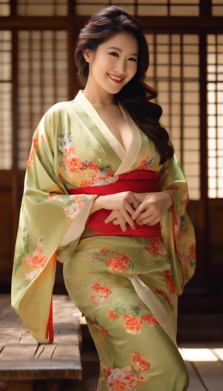 Young and beautiful smiling woman in Japan, Colossal tits, Without bra,Kimono, Realistic