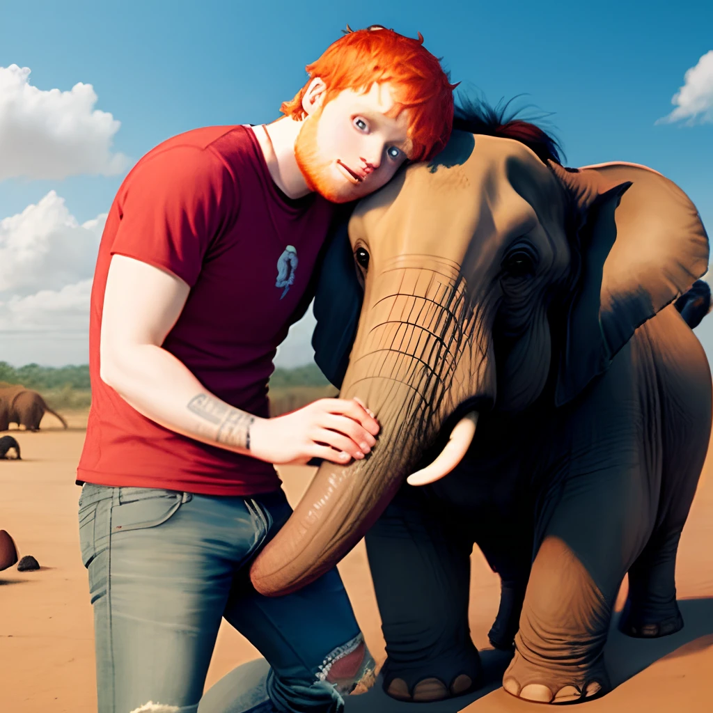 Ed Sheeran clinging to an elephant's penis