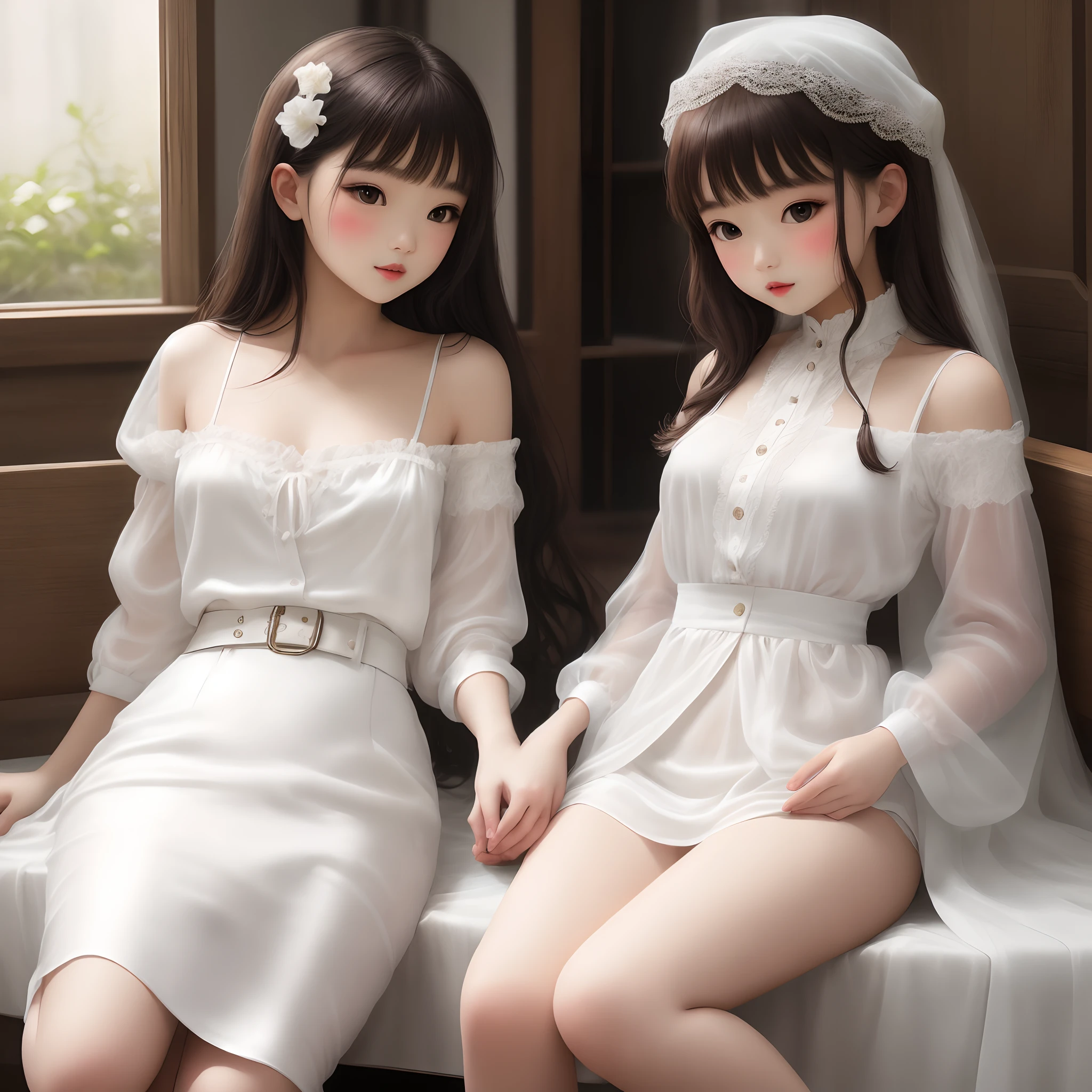 masterpiece, ((Highest quality, Detailed and realistic 3D))、wedding、(Two cute、A good friend、Standing side by side、kawaii:1.4、、smile:1.3、smile、Mr.々Hair style、pubic hair、Smaller breasts)、(((Full nudity、Exposing the breasts、Pussy)))、(Realistic and detailed skin texture、pale pastel wedding dresses:1.2、gem、hair ornaments、Veil、See-through)