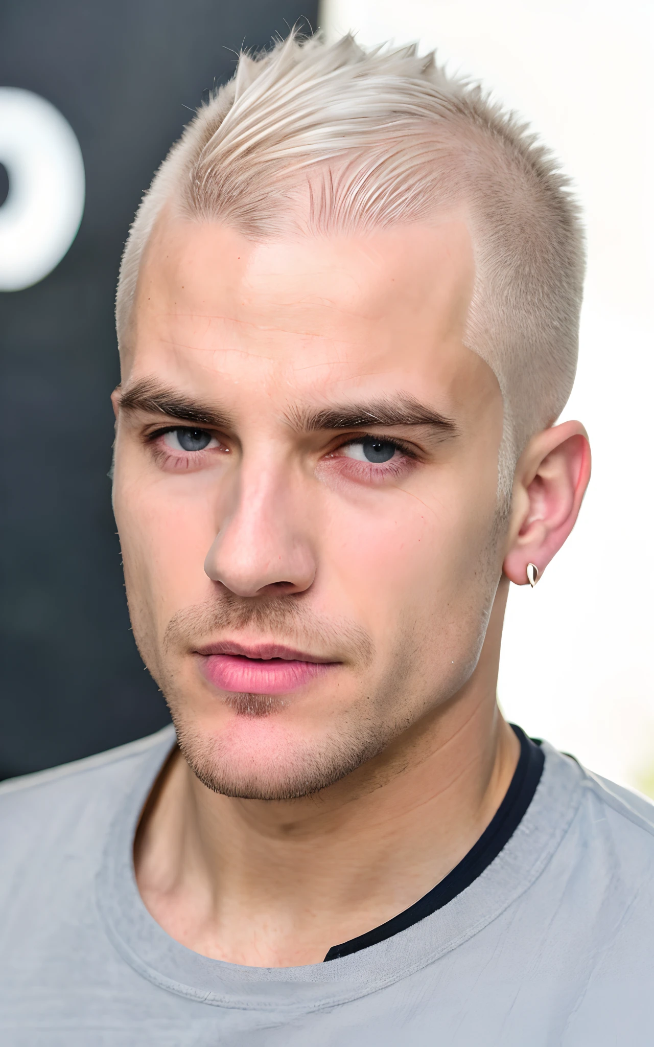 photorealistic, best quality, hyper detailed, selfie photo, upper body, solo, wearing pullover, skin texture, film grain, close up, ultra high res, best shadow, RAW, instagram LUT, Handsome man , ((White hair:1.2)) , ((very Short hair:1.3)), ((crew cut hair style:1 )) , Blue eyes , light skin , ((muscular:1)),masculine ,((hair shaved on the sides:1.3)) ,age 28,