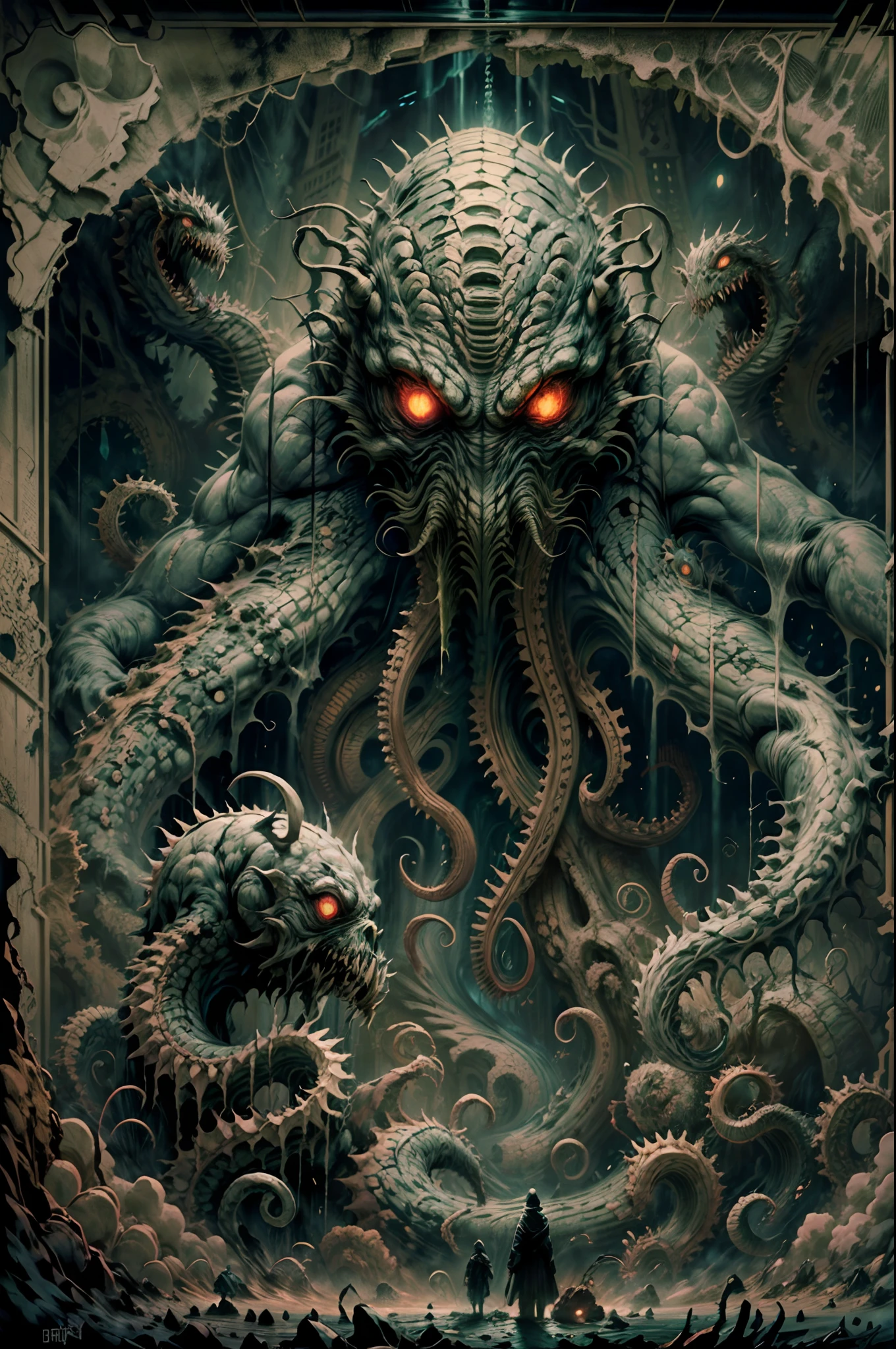 standing in front of the monster, looking terrified. The poster is made of high-quality materials and has an ultra-detailed illustration. The colors are dark and ominous, with a dominant green hue. The lighting is dramatic, with a spotlight illuminating the monster and casting eerie shadows. The texture of the poster is reminiscent of an oil painting, adding depth and richness to the image. The Cthulhu monster is depicted with extreme detail, featuring intricate tentacles, sharp claws, and a menacing expression. The small human figure is shown in a state of fear, with wide-eyed terror and a posture that conveys vulnerability. The overall atmosphere of the poster is one of suspense and dread, capturing the essence of a sci-fi horror movie.