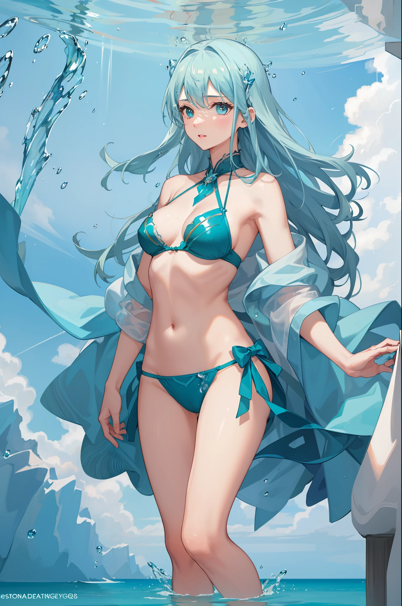 1girl, female water spirit, aqua hair, inside a spring, few water drops on skin,