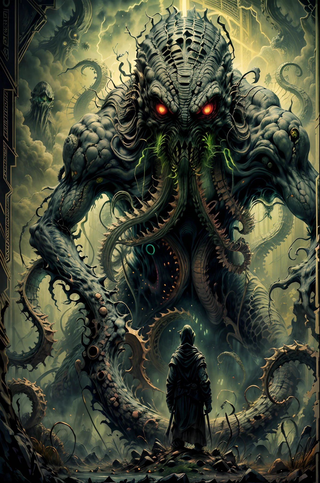 standing in front of the monster, looking terrified. The poster is made of high-quality materials and has an ultra-detailed illustration. The colors are dark and ominous, with a dominant green hue. The lighting is dramatic, with a spotlight illuminating the monster and casting eerie shadows. The texture of the poster is reminiscent of an oil painting, adding depth and richness to the image. The Cthulhu monster is depicted with extreme detail, featuring intricate tentacles, sharp claws, and a menacing expression. The small human figure is shown in a state of fear, with wide-eyed terror and a posture that conveys vulnerability. The overall atmosphere of the poster is one of suspense and dread, capturing the essence of a sci-fi horror movie.