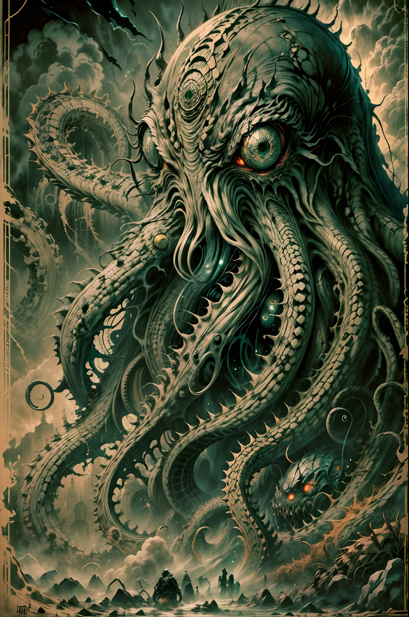 standing in front of the monster, looking terrified. The poster is made of high-quality materials and has an ultra-detailed illustration. The colors are dark and ominous, with a dominant green hue. The lighting is dramatic, with a spotlight illuminating the monster and casting eerie shadows. The texture of the poster is reminiscent of an oil painting, adding depth and richness to the image. The Cthulhu monster is depicted with extreme detail, featuring intricate tentacles, sharp claws, and a menacing expression. The small human figure is shown in a state of fear, with wide-eyed terror and a posture that conveys vulnerability. The overall atmosphere of the poster is one of suspense and dread, capturing the essence of a sci-fi horror movie.