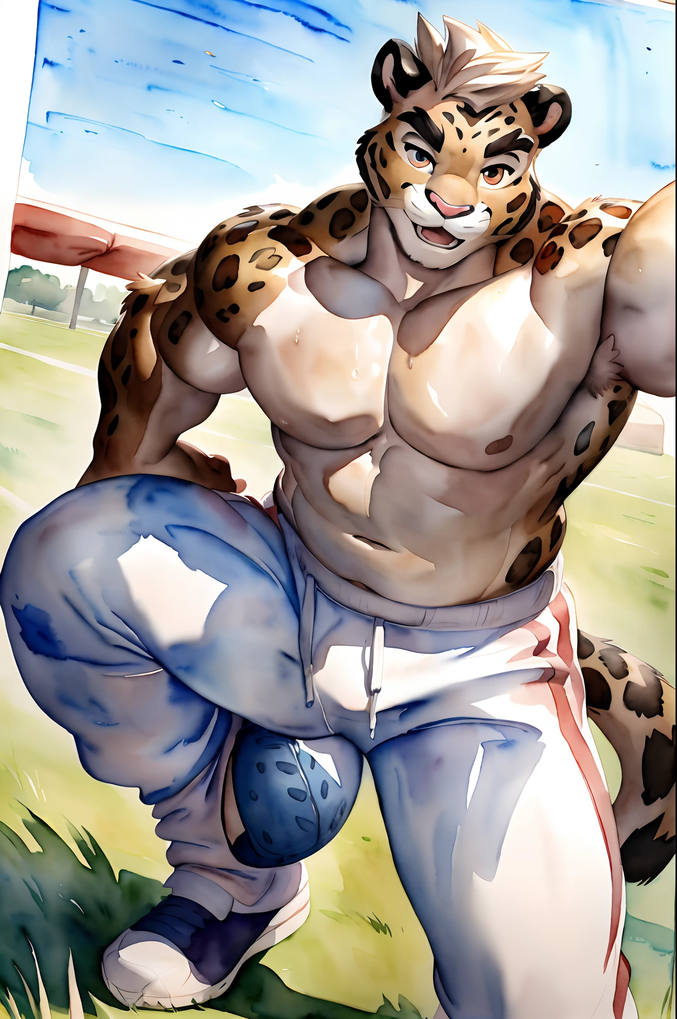 Hominidae, Pose for Camera. 4K, high resolution, Best quality, posted on e621, (Two anthropomorphic panthers:1.2), Anthropomorphic Black Panther, male people, 20yr old, Thick eyebrows, Golden leopard print, shaggy, Strong body, large pecs, ((Shirtless)), They play softball together, Pink milk clusters, sweat leggs, White leggings sweatpants, on a grassy field, (sport, Muscular, Heavyweight:1.2), Correct anatomy, (White background, Watercolor background:1.1), (by Chunie, author:Taran Fidler:0.8), (Detailed eyes:1.2), Sexy, (cel-shaded:1.2), cartoon shading, (aquarelle:1.2), having fun, Be red in the face, (view the viewer:1.2), Look ahead