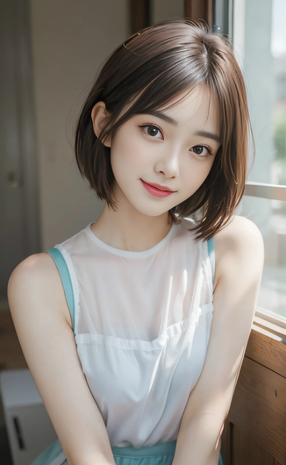 Look here and smile、masterpiece, 1girl in, 独奏, Luminous Eyes, Colorful summer clothes, , masterpiece, top-quality, realisitic, ultra-detailliert, blue-sky, , (extremely delicate and beautiful work), ((masuter piece)), (Best Quality), One lady, 18year old, (Sexually aroused face:1.4), ( Shoulder cut hair,(Fair skin:1.2), Bright lighting, Natural lighting, Realistic lighting, Lovely lips、delicated face、(realisitic、Photo_Realistic:1.4)、((top-quality、masterpiece:1.3))、20yr old、((Brown hair))、((the pose))、((Functional))、、Smile full of happiness、Poses that fascinate a man、seducing smile、short-hair、