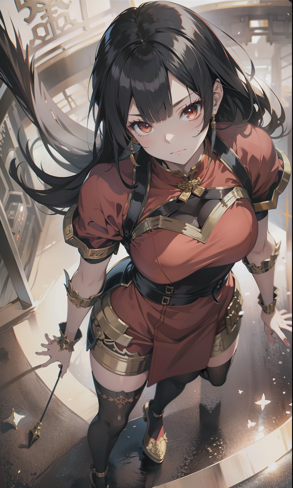 Ridiculous resolution,A high resolution,(tmasterpiece:1.4),ultra detali,1girll,from from above,Skysky,Red Chinese dress,red dress,black lence stockings,pale brown hair,Golden eyes,Hand out of the box