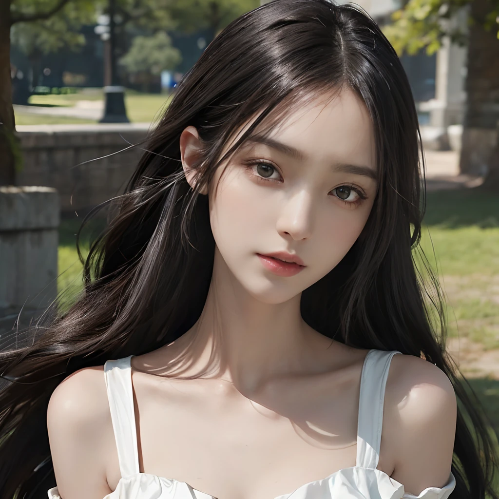 girl with, a beauty girl,((up of face))、The wind is blowing、Well-formed face、((From shoulder up))、14years、8Head and body、a small face、A slender、Very skinny、Beautiful black hair with luster、Backgrounds that look like real photos、(((Cosplay of game characters)))、portlate、off shoulders