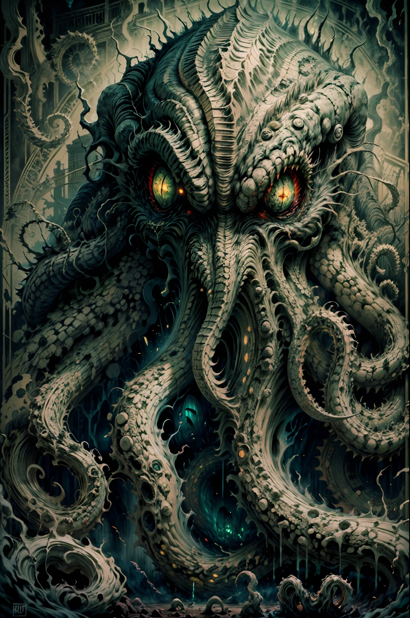 standing in front of the monster, looking terrified. The poster is made of high-quality materials and has an ultra-detailed illustration. The colors are dark and ominous, with a dominant green hue. The lighting is dramatic, with a spotlight illuminating the monster and casting eerie shadows. The texture of the poster is reminiscent of an oil painting, adding depth and richness to the image. The Cthulhu monster is depicted with extreme detail, featuring intricate tentacles, sharp claws, and a menacing expression. The small human figure is shown in a state of fear, with wide-eyed terror and a posture that conveys vulnerability. The overall atmosphere of the poster is one of suspense and dread, capturing the essence of a sci-fi horror movie.