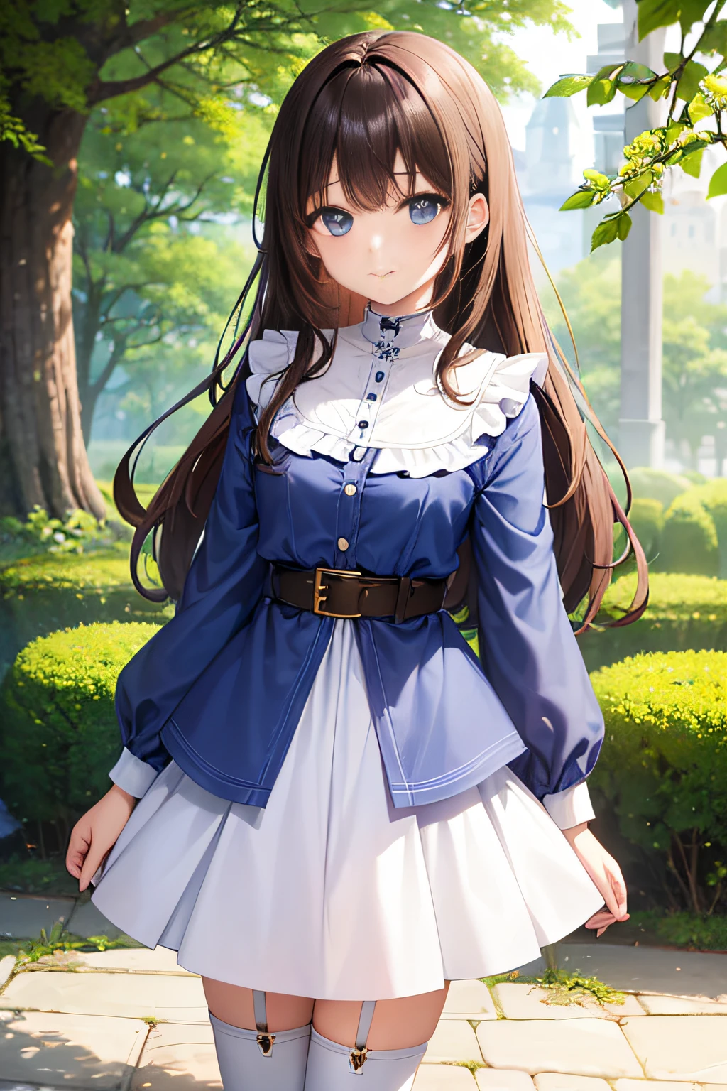 top-quality、extremely delicate and beautiful、teens girl、、(dark brown hair)、Blue clothes with vertical buttons、Belt at waist、White skirt、(poneyTail))、(white hairband)、(Brown boots)、blue eyess、is standing、A smile