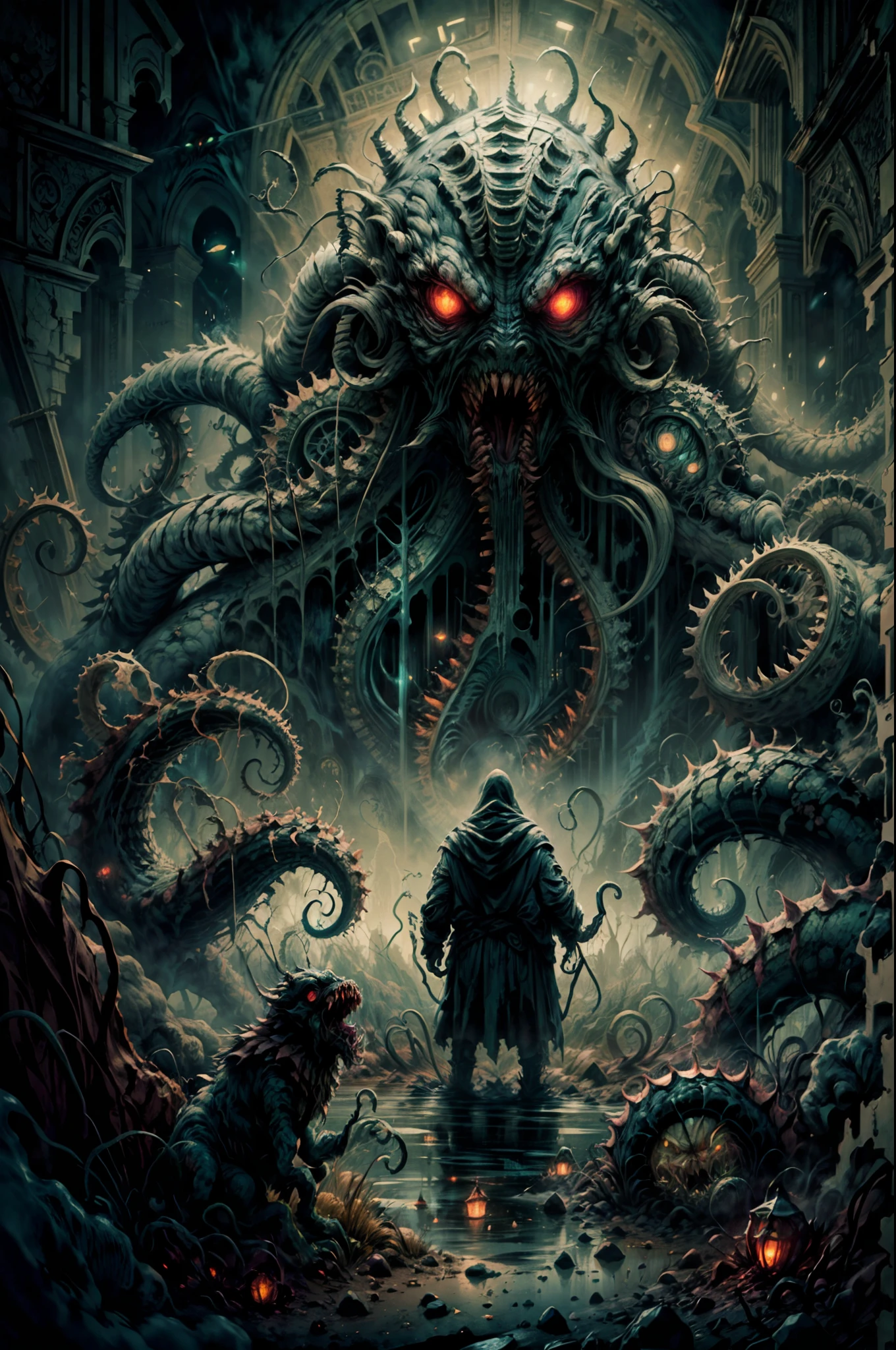 standing in front of the monster, looking terrified. The poster is made of high-quality materials and has an ultra-detailed illustration. The colors are dark and ominous, with a dominant green hue. The lighting is dramatic, with a spotlight illuminating the monster and casting eerie shadows. The texture of the poster is reminiscent of an oil painting, adding depth and richness to the image. The Cthulhu monster is depicted with extreme detail, featuring intricate tentacles, sharp claws, and a menacing expression. The small human figure is shown in a state of fear, with wide-eyed terror and a posture that conveys vulnerability. The overall atmosphere of the poster is one of suspense and dread, capturing the essence of a sci-fi horror movie.