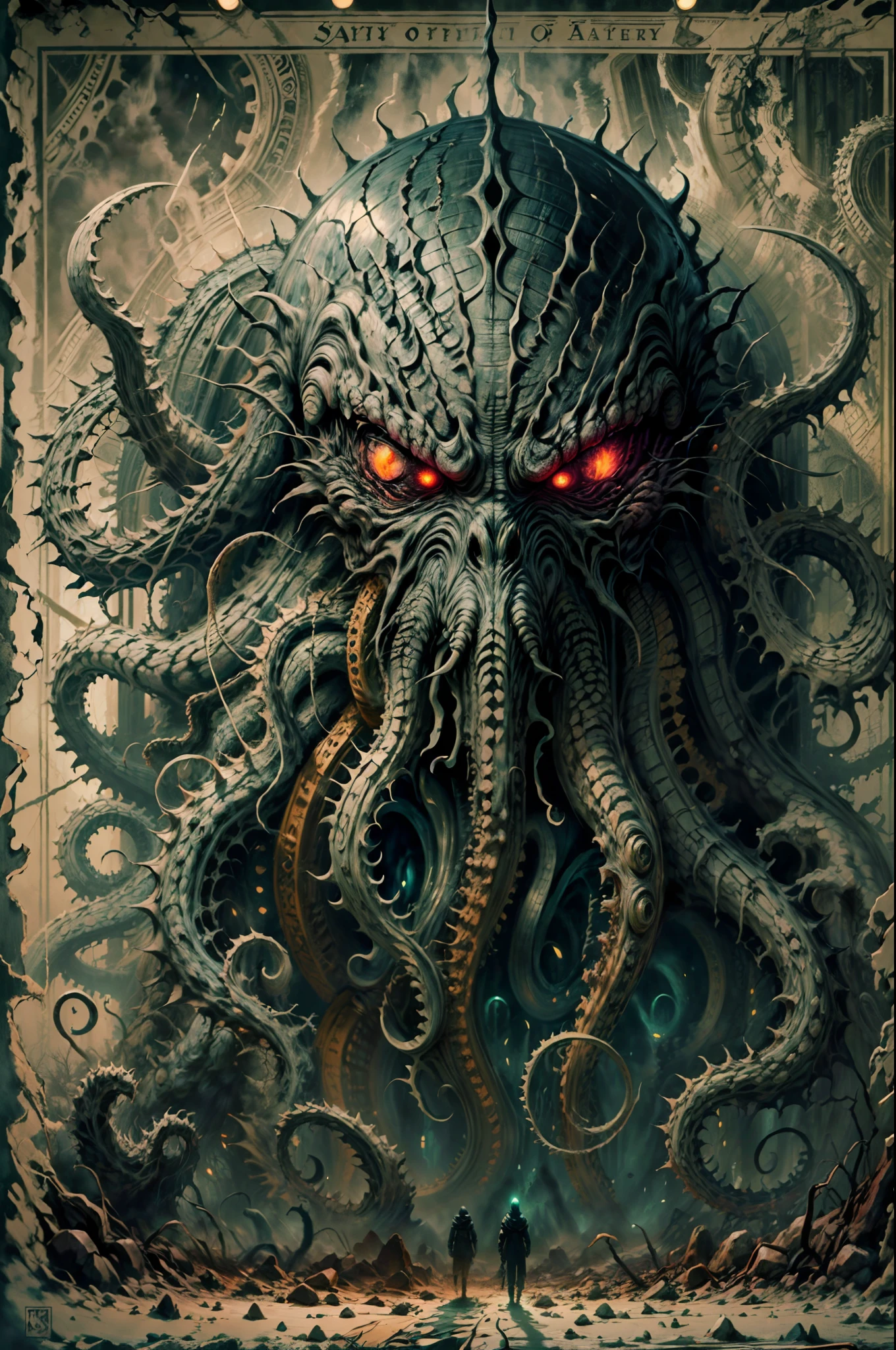"An ultra-detailed illustration of an octopus with skull and tentacles, Cthulhu, aggressive, threatening, looking directly at the viewer, with bloodthirsty and iconic expression. The spectral bluish-gray hue surrounds the skull, conveying a demonic feel, belonging to a classic and frightening horror style. " --auto --s2