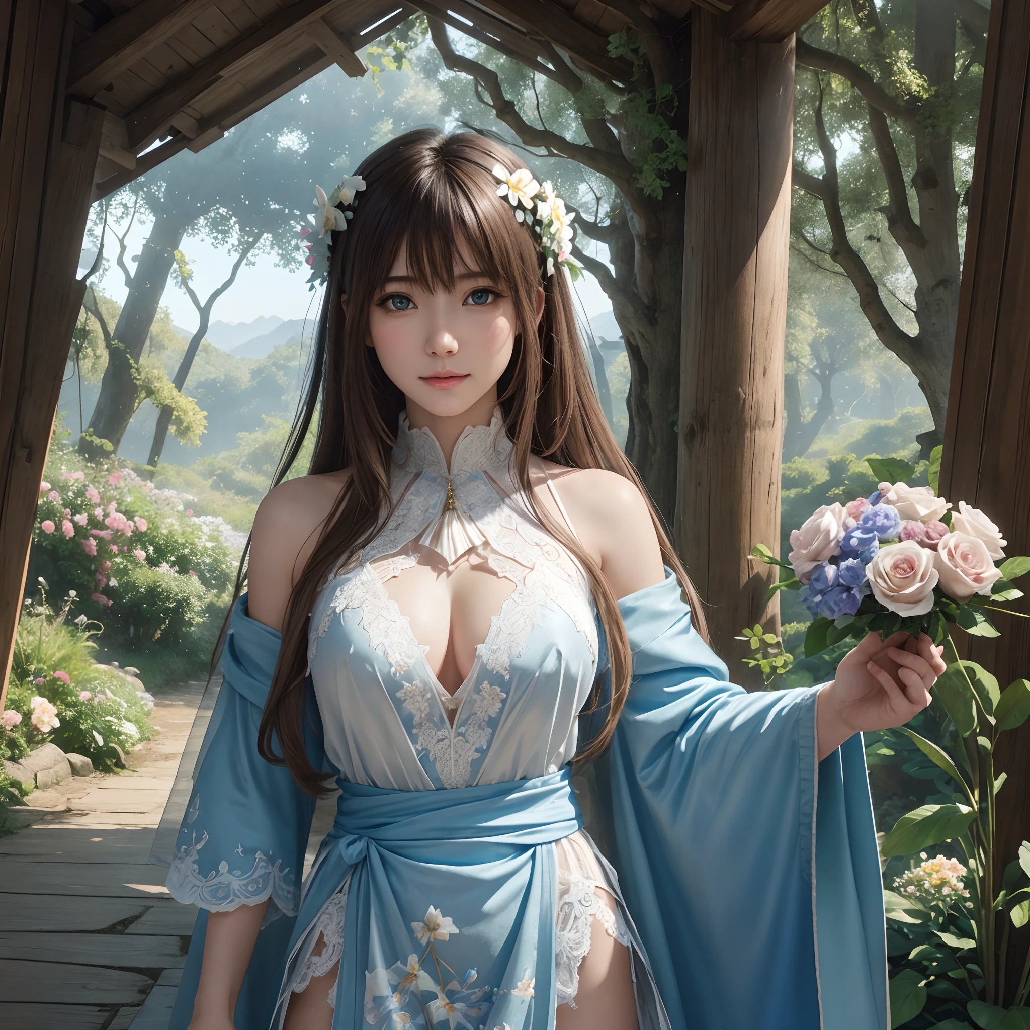 hightquality、8K Ultra HD、fullllbody、16-year-old woman、Gentle smile、Diagonal direction、robe blanche、light brown hair、Blue eyes、(Lovely healing forest and flower field in the background)、cute little、Beautiful fece、portlate、Antique architecture、Idyllic forest、art by:Alberto Seveso、Symmetrical、Abstract art style、Complex and intricate watercolor painting 、digitial painting、concept-art、Volumetric lighting、TanvirTamim、metal reflective、2d render、8K。 by artgerm、Trending on ArtStation