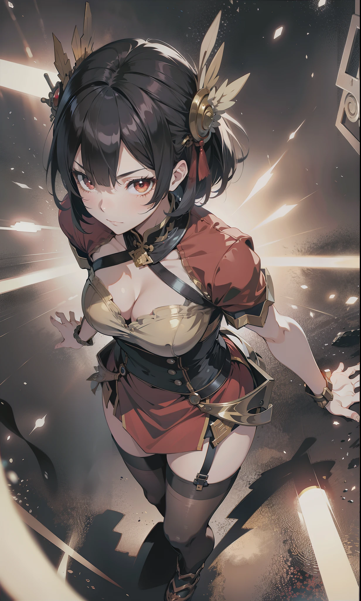 absurd res, hight resolution, (masutepiece:1.4), Ultra-detailed, 1girl in, From  above, spaces, floating, Chinese dress, Red dress, Stockings, Black hair, Golden Eyes