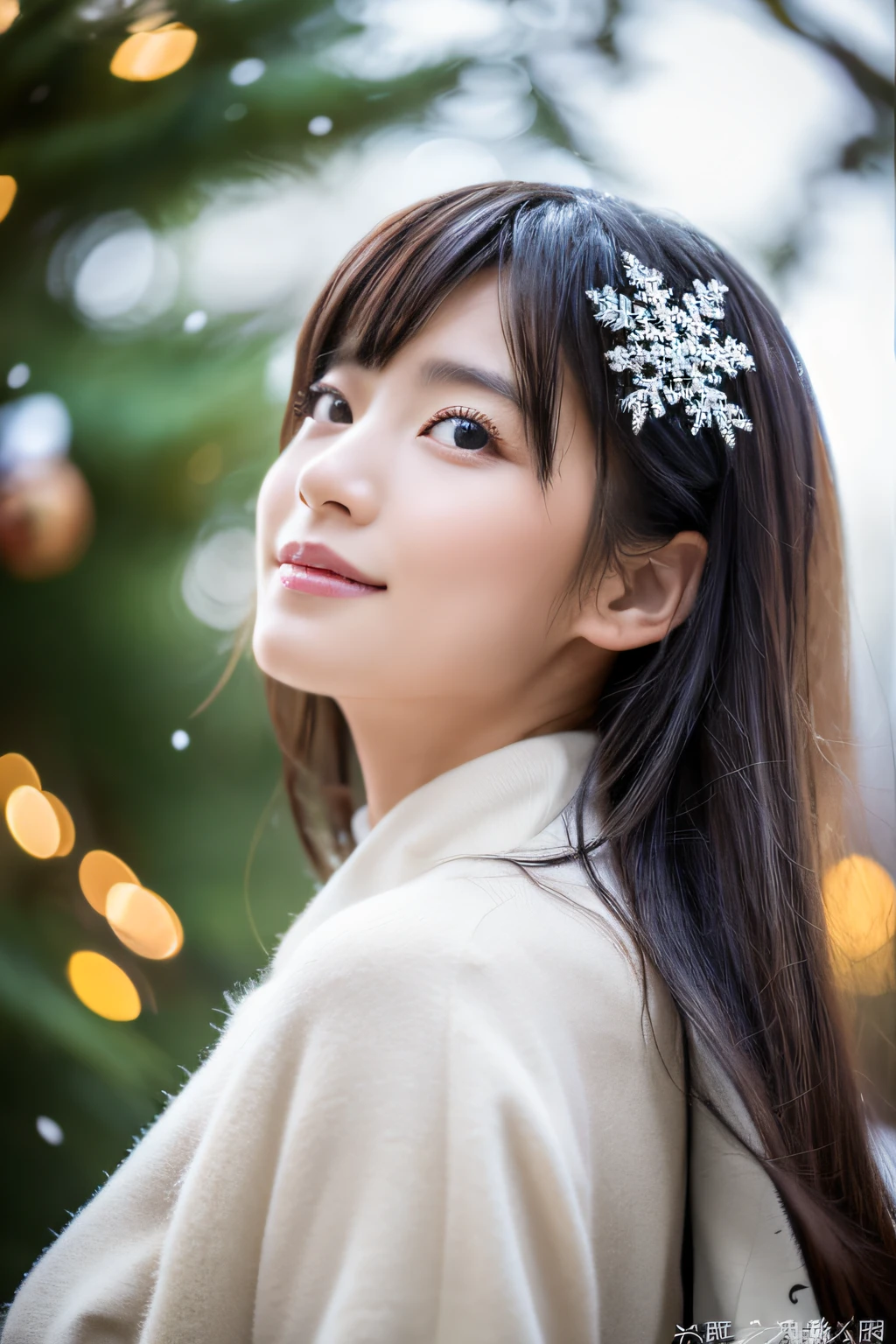 ((top-quality、8K、masuter piece:1.3))、(Beautiful, Realistic Japan),1 female、Santa Cosplay、(爆乳:1.2)、perfect anatomia、Beautiful limbs、Christmas present、hyperdetailed face、High detailed lips、A detailed eye、二重まぶた 、snowflakes falling、Christmas tree、sideways Facing、look up sky、large tree、naturey、kou、a white world、