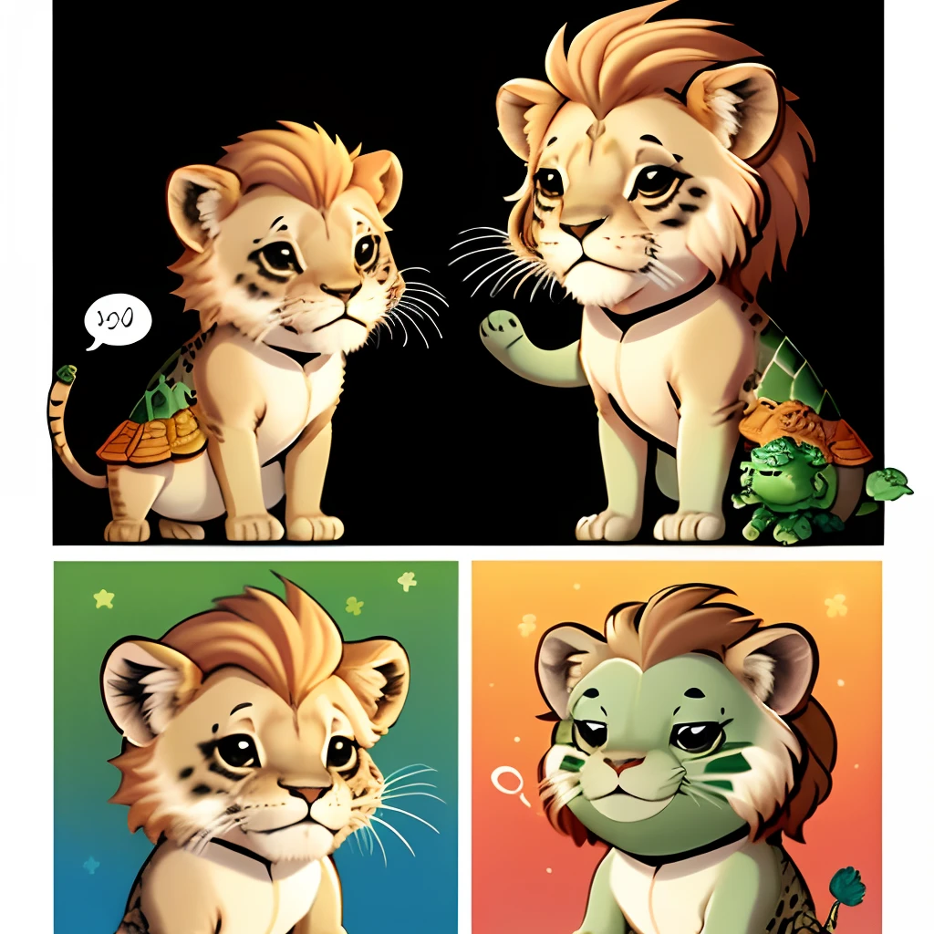 Illustration for a cartoon where a lion cub and a turtle sing a song.