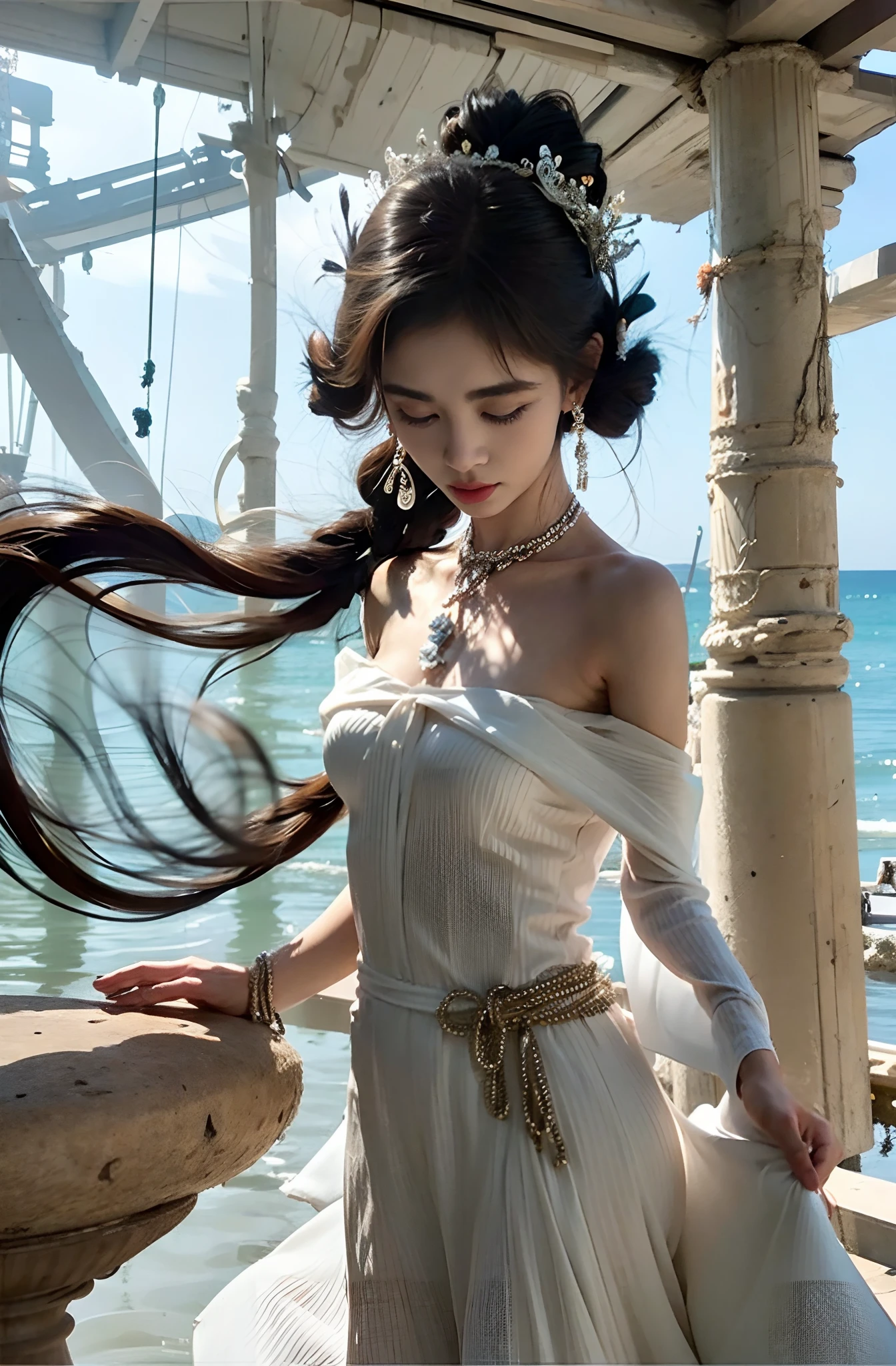 Goddess of ancient winds,Delicate hair accessories,Long off-the-shoulder dress
