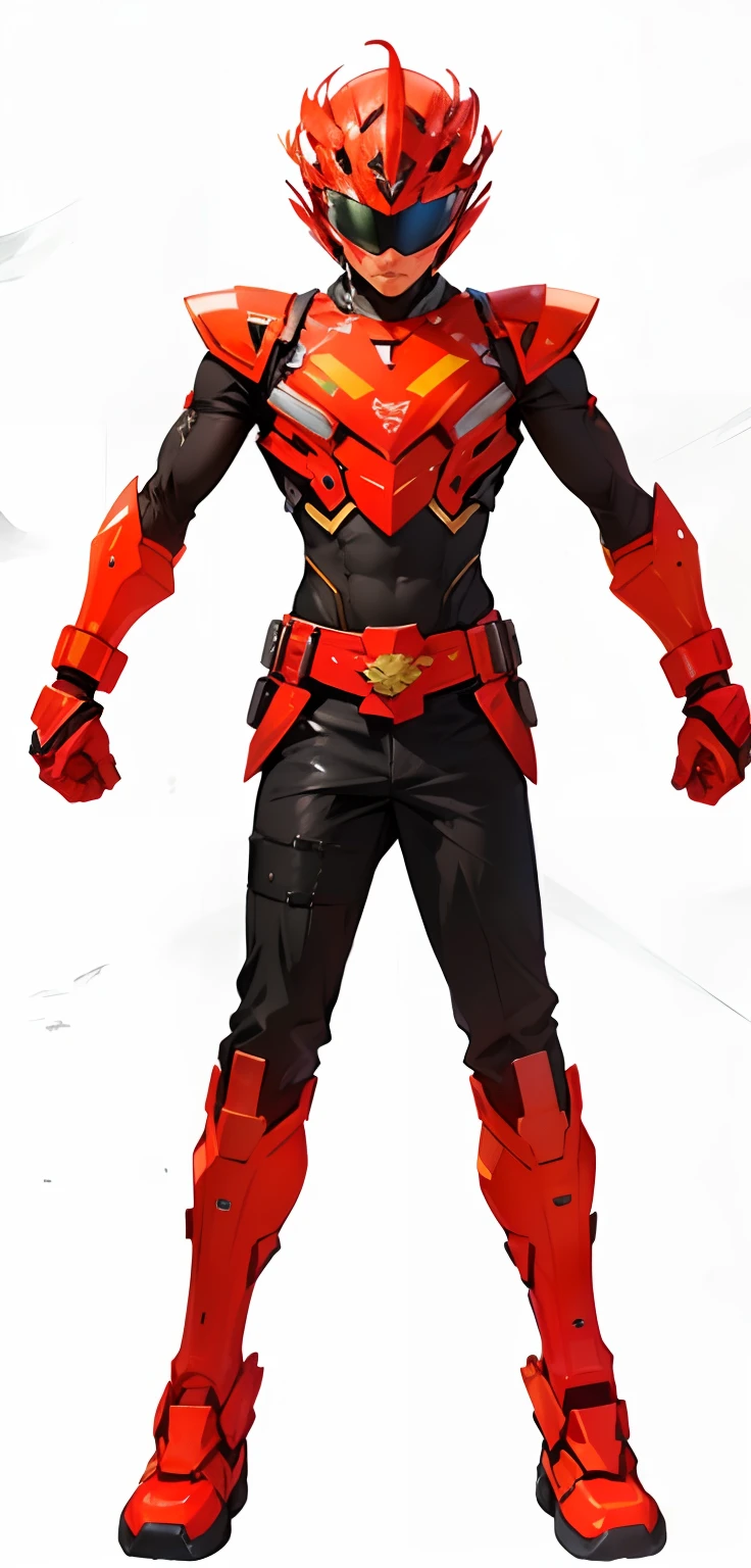 Man:1.5,1 man,archer,(((1人))),((Man with short blond hair)),

(((1male people,Man:1.5,Handsome man,Male,Male Gender:1.5,Male focus))),Manly men,Heroes,
Kamen Rider in red armor，Absolute left-right symmetry，Strong structural contrasts，The mecha wears a black leather bodysuit underneath，Tights texture，Asuka's tights，A helmet in the shape of a lion dance，The helmet has two golden lion dance eyes，Clean the eye patch，There is a jewel set on the cuirass，Inverted pentagonal shape
A high resolution, Sharp focus, (Ultra detailed, Extremely detailed), (realistic artwork:1.37),(Extremely detailed Cg Unity 8K wallpaper),((Synthetic wave background theme)),(((Vibrant colors))),(intricate background),(Masterpiece),(Best quality),