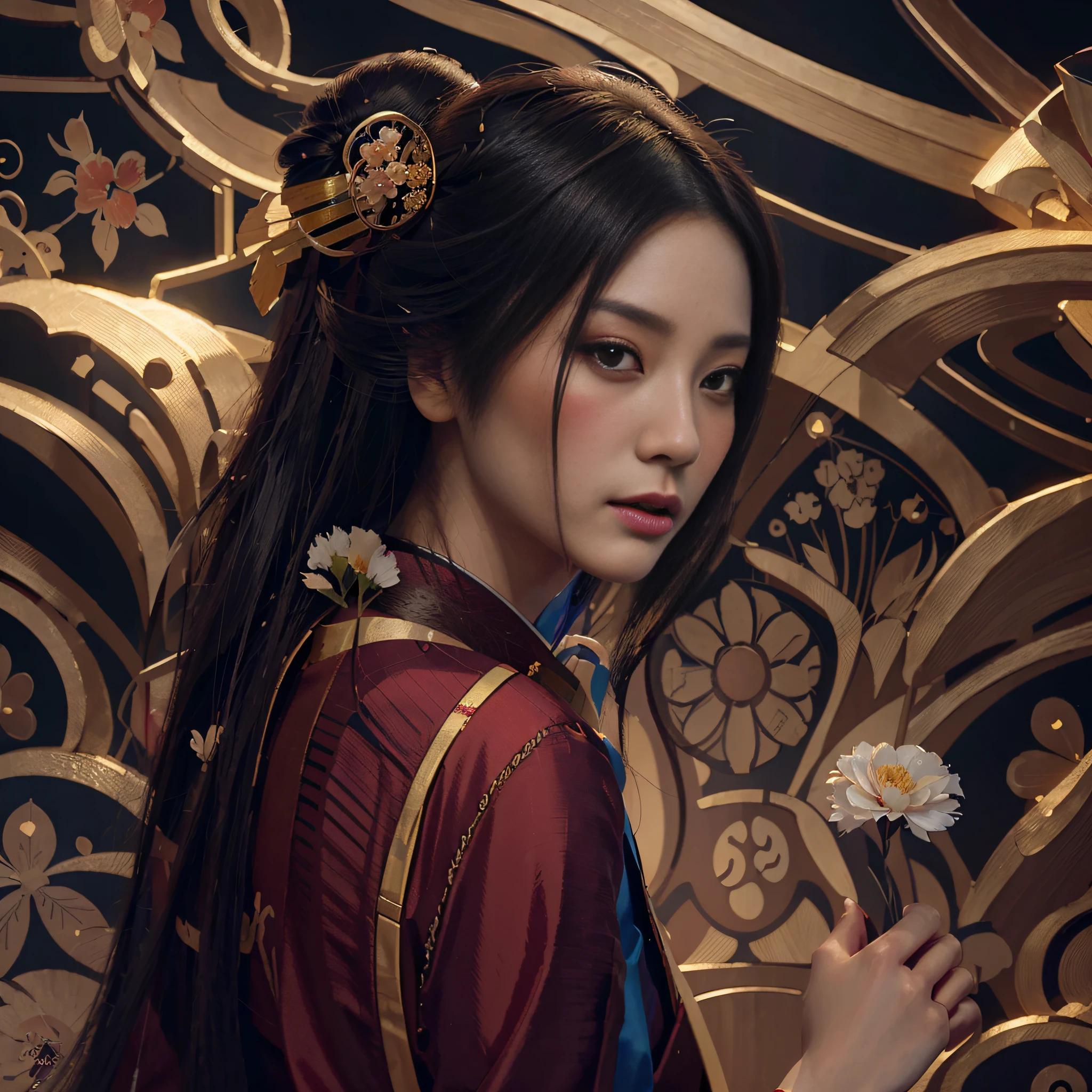 a cyberpunk geisha with a flower stuck in her long straight hair, a beautiful real art illustration, Korean Art Nouveau, royal style digital art, beautiful digital art, exquisite digital illustration, Realistic digital illustration, stunning digital illustration, Beautiful digital illustration, Japanese art style, real style digital art, beautiful character painting, onmyoji detailed art, Japanese art on Behance.