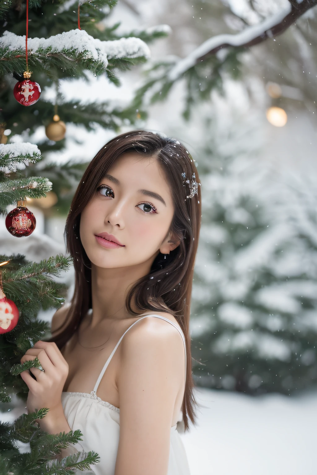 ((top-quality、8K、masuter piece:1.3))、(Beautiful, Realistic Japan),1 female、Santa Cosplay、(爆乳:1.2)、perfect anatomia、Beautiful limbs、Christmas present、hyperdetailed face、High detailed lips、A detailed eye、二重まぶた 、snowflakes falling、Christmas tree、sideways Facing、look up sky、large tree、naturey、kou、a white world、