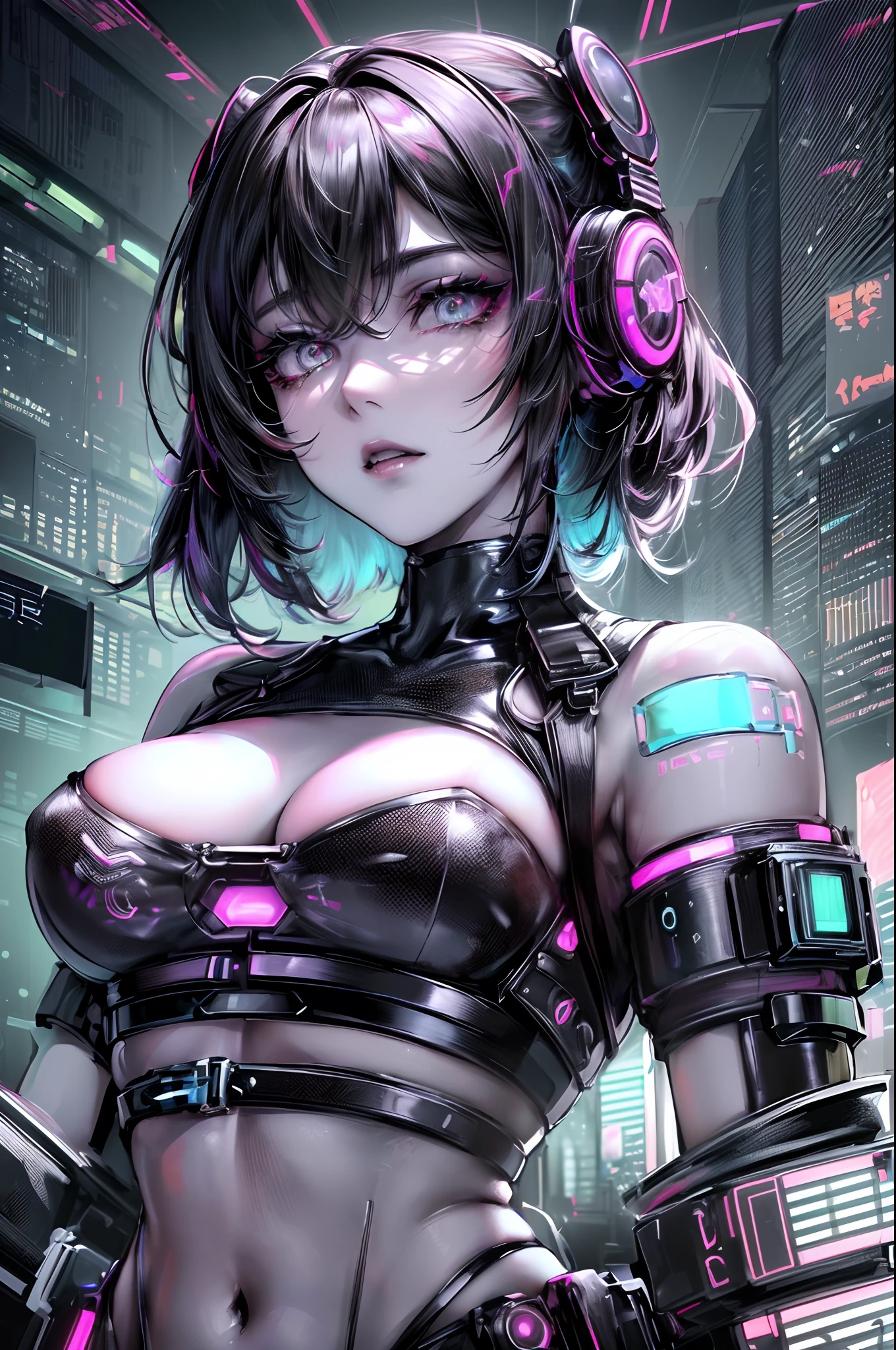 beautiful cyberpunk girl wearing a futuristic head mounted display,  (finely detailed skin), pale skin, (in a deep neckline highly detailed sexy futuristic cyberpunk black crop top and underpants made of circuit boards, cybernetics, japanese words with a flare effect, beautiful epic composition, futuristic, masterpiece, sensual, appealing, posing for a photo