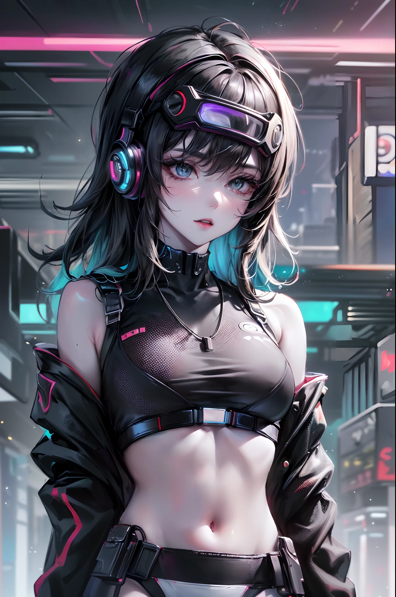 beautiful cyberpunk girl wearing a futuristic head mounted display,  (finely detailed skin), pale skin, (in a deep neckline highly detailed sexy futuristic cyberpunk black crop top and underpants made of circuit boards, cybernetics, japanese words with a flare effect, beautiful epic composition, futuristic, masterpiece, sensual, appealing, posing for a photo