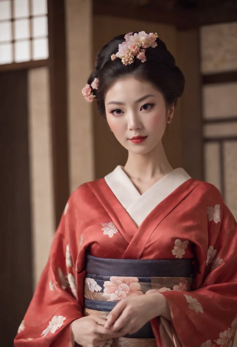 (((Elegant sexy kimono red in Japanese tradition. Cinema and television portrait theme antique Edo period.Great Olympiad.12 Uniforms.concubine. bare shoulders))), (Layered kimono:1.3).Sit in the hall. Edo Castle. Night view_mix4, 20 days,ultra-realistic realism:1.37),(Sony_A1.SEL50F12GM),16K HD,masuter piece, The ultra-realistice:1.3,((Clear lip detail)),Beautiful breasts of F cup,A concubine in a beautiful kimono. Detailed texture of the skin.