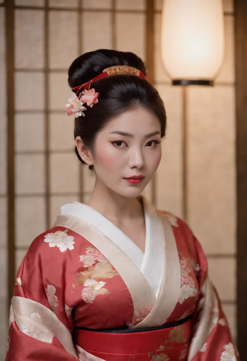 (((Elegant sexy kimono red in Japanese tradition. Cinema and television portrait theme antique Edo period.Great Olympiad.12 Uniforms.concubine. bare shoulders​))), (Layered kimono:1.3).Sit in the hall. Edo Castle. Night view_mix4, 20 days,ultra-realistic realism:1.37),(Sony_A1.SEL50F12GM),16K HD,masuter piece, The ultra-realistice:1.3,((Clear lip detail)),Beautiful breasts of F cup,A concubine in a beautiful kimono. Detailed texture of the skin.