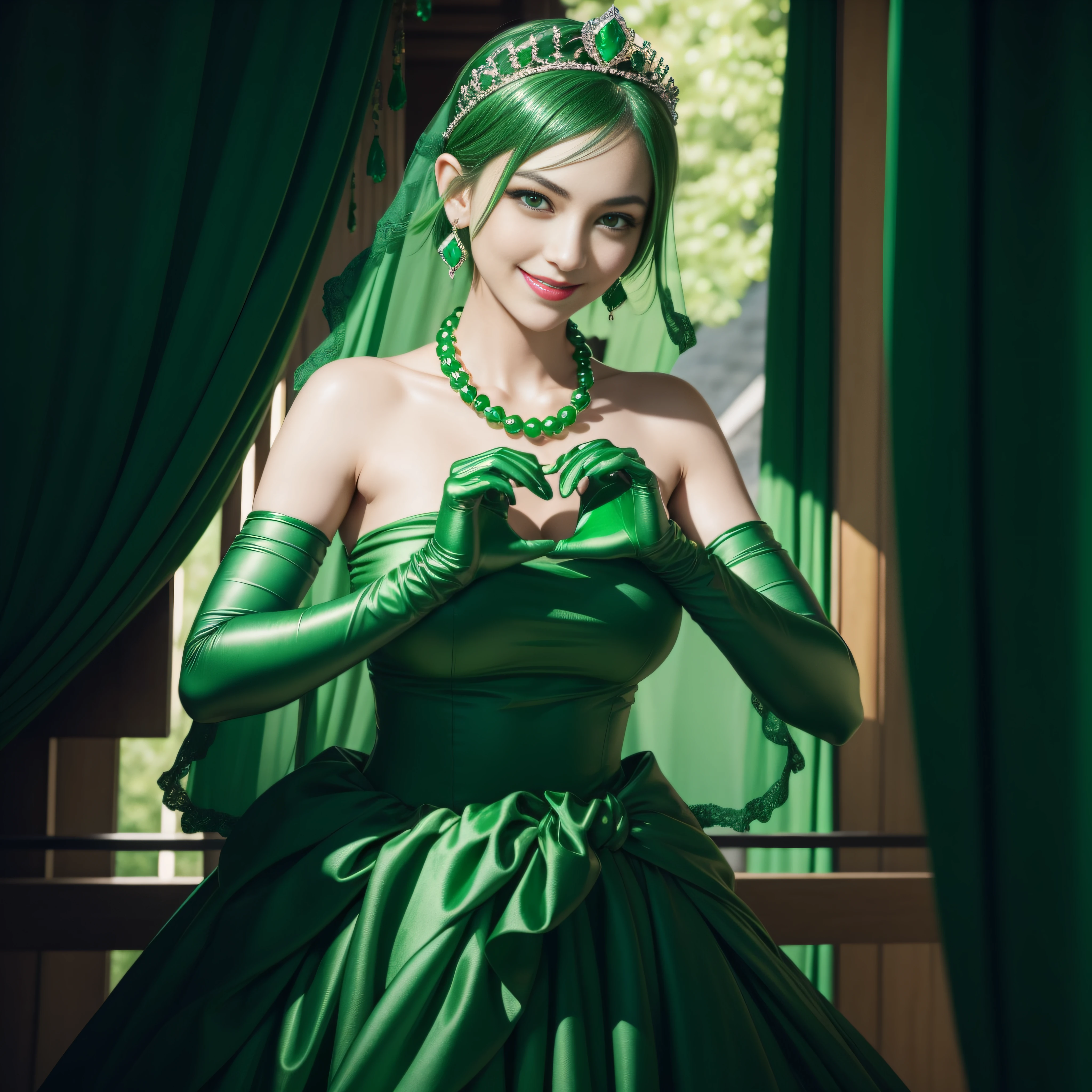 emerald tiara, Green Pearl Necklace, Boyish very short green hair, lipsticks, Japan woman smiling, very short short hair,  big breasts beautiful, Green eyes, Long green gloves made of satin material, Green eyes, Emerald Earrings, green vale, Heart with both hands