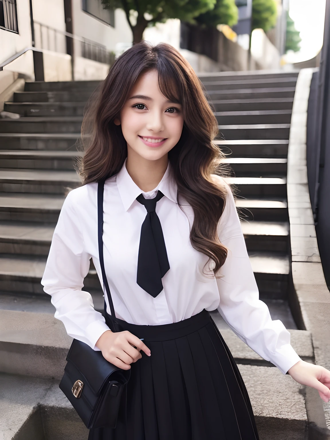 Beautuful Women、Crisp eyes、Pink lips、Wavy hair、a smile、stairway、a black skirt、white shirt、pupils、校服、neck tie、Smaller chest、、street、crepe、japanes、bangss、A dark-haired