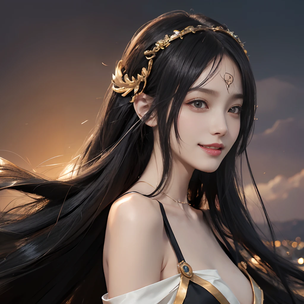 girl with, a beauty girl,((Smile))、The wind is blowing、Well-formed face、((Luxurious hair ornaments))、ars、8Head and body、a small face、A slender、Very skinny、Beautiful black hair with luster、Backgrounds that look like real photos、(((Cosplay of game characters)))、portlate、off shoulders
