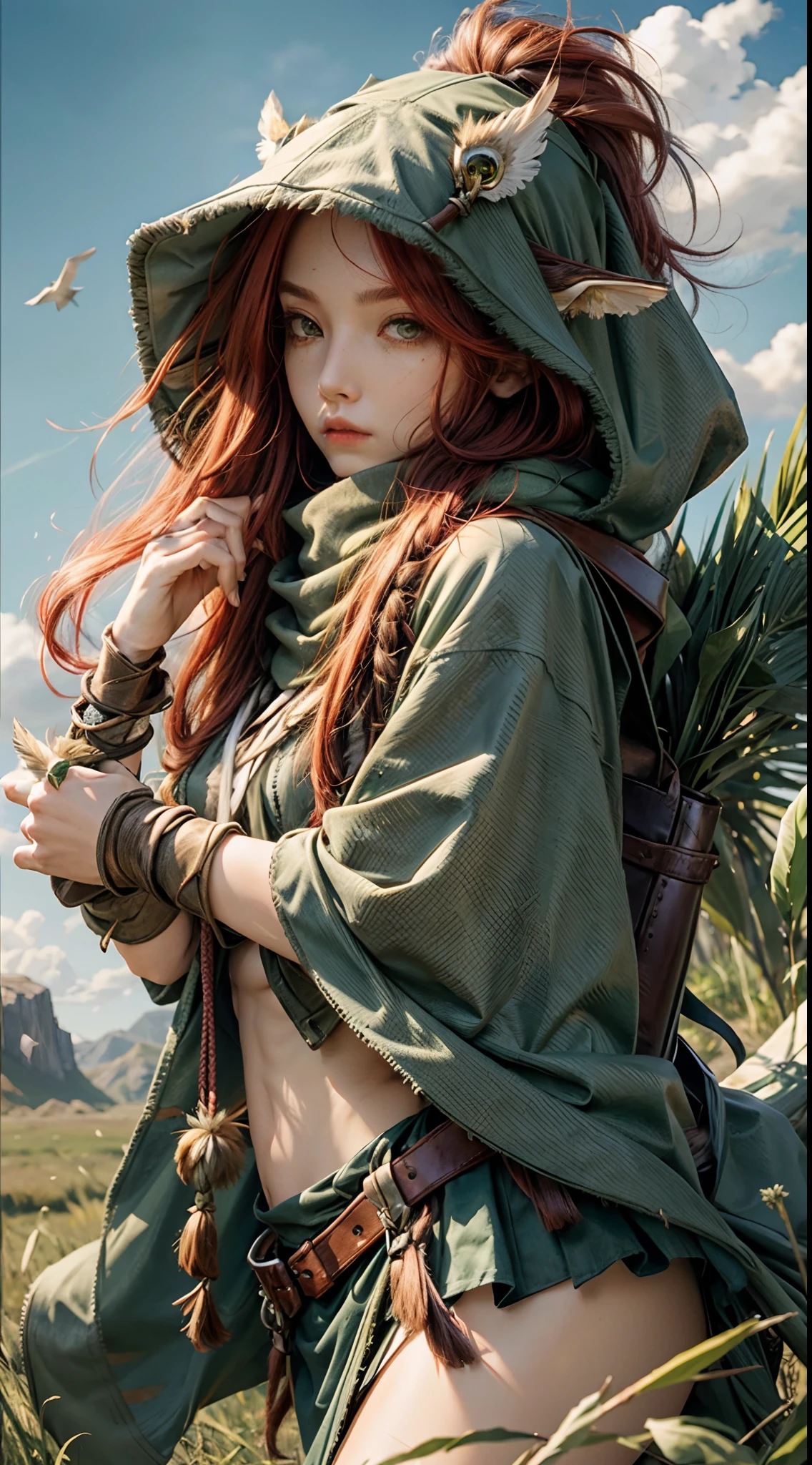 cosplay,Grass, Sky, Field, League of Legends, 1girl, elf, druid, animal ears, bandage legs, long legs, bandage, bandage, bird legs, bird skull, cape, shut up, ears by headdress, eyes visible through hair, face drawings, feathers, hood, hooded cape, long hair, brown green eyes, Ginger, red hair, colorite hair, armor, blue scarf, scarf, scarf, scarf long hair, hooded scarf, green clothes, green skirt,  long skirt, leather armor, nose ring, nostrils, backpack