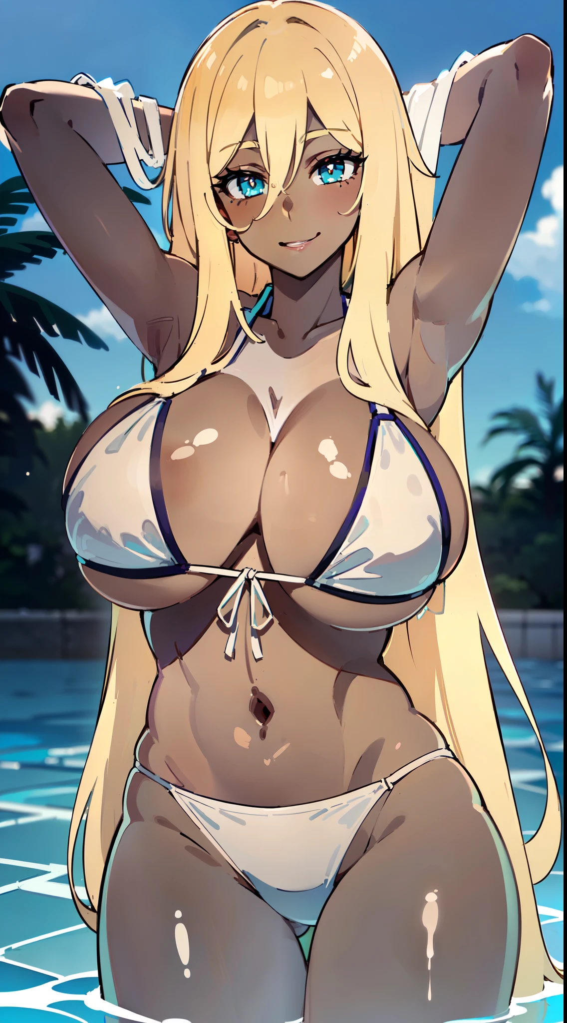 masterpiece, best quality, extremely detailed, 1girl, mature female, solo, (dark brown skin:1.8), sword_maiden, (huge breasts:1.4), (((blonde hair, very long hair, aqua eyes, slit pupils))), parted lips, (((epb, white bikini, white panties))), ((naughty smile), closed mouth), ((arms behind head, partially submerged, swimming pool))