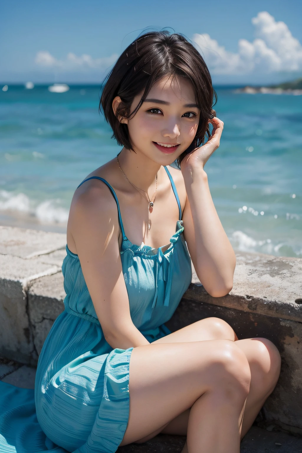 Look here and smile、Colorful summer clothes、sea side、blue-sky、Best Quality, masutepiece, 超A high resolution, (Photorealistic:1.4), 1girl in, Solo, Realistic, Short hair, Portrait, Brown eyes, Smile, Black hair, Looking at Viewer, Closed mouth
