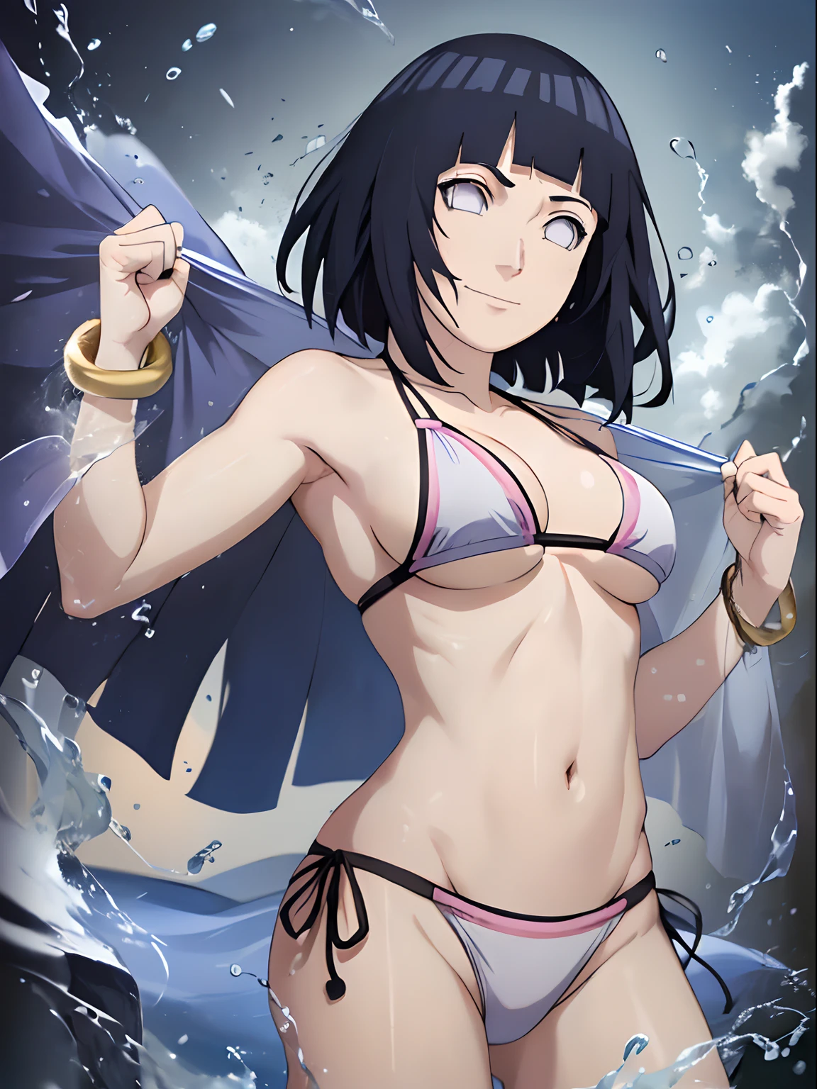 wind effect, flexing arm muscles, cloud background, anime style, cute , beautiful mother, nice body, soft body, long belly, (hinata\(boruto\), (female wrestler), (slender body), mature woman , broad shoulders, off-shoulders, (transparent bikini, white bikini only, pro wrestling outfit, bangles), smile, closed mouth, pale skin, cute, smile, (dark blue hair color:1.1), wavy hair, floating hair, ((short hair, hime cut, loose hair), big breasts, (only one arm stretching), long belly, (closed fists), , (perfect eyes, white sciera, bright eyes, white eyes, anime eyes)