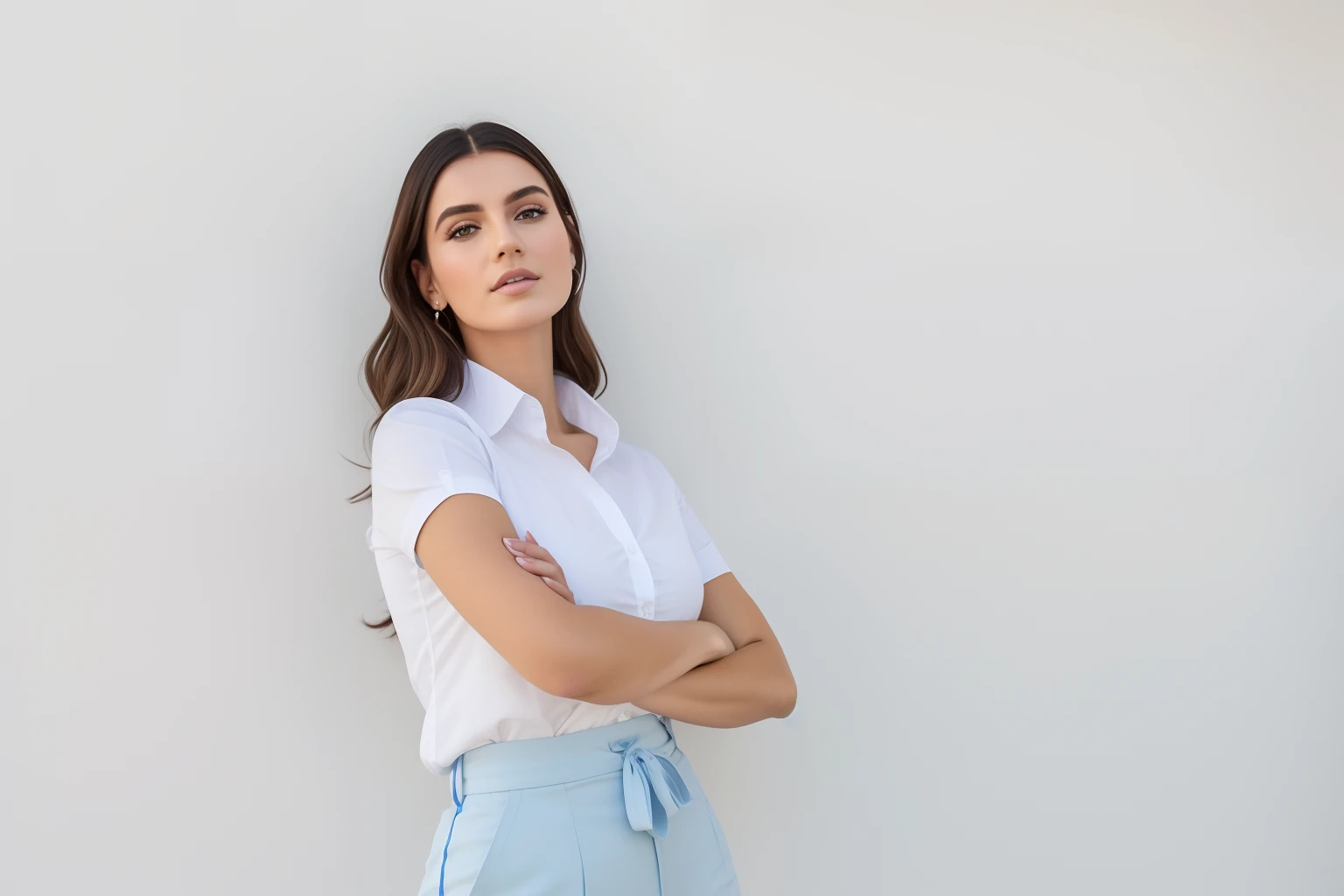 Mujer con camisa blanca y falda azul sentada en una mesa en una cita con los brazos cruzados, Foto de una mujer, Jovana Rikalo, posando con los brazos cruzados, pose casual, Brazos cruzados, Mujer posando, frente al fondo blanco, Alina Ivanchenko, con una camisa blanca abotonada, con una camisa blanca, con una camisa azul claro, en una cita, en un restaurante sencillo, una sola persona