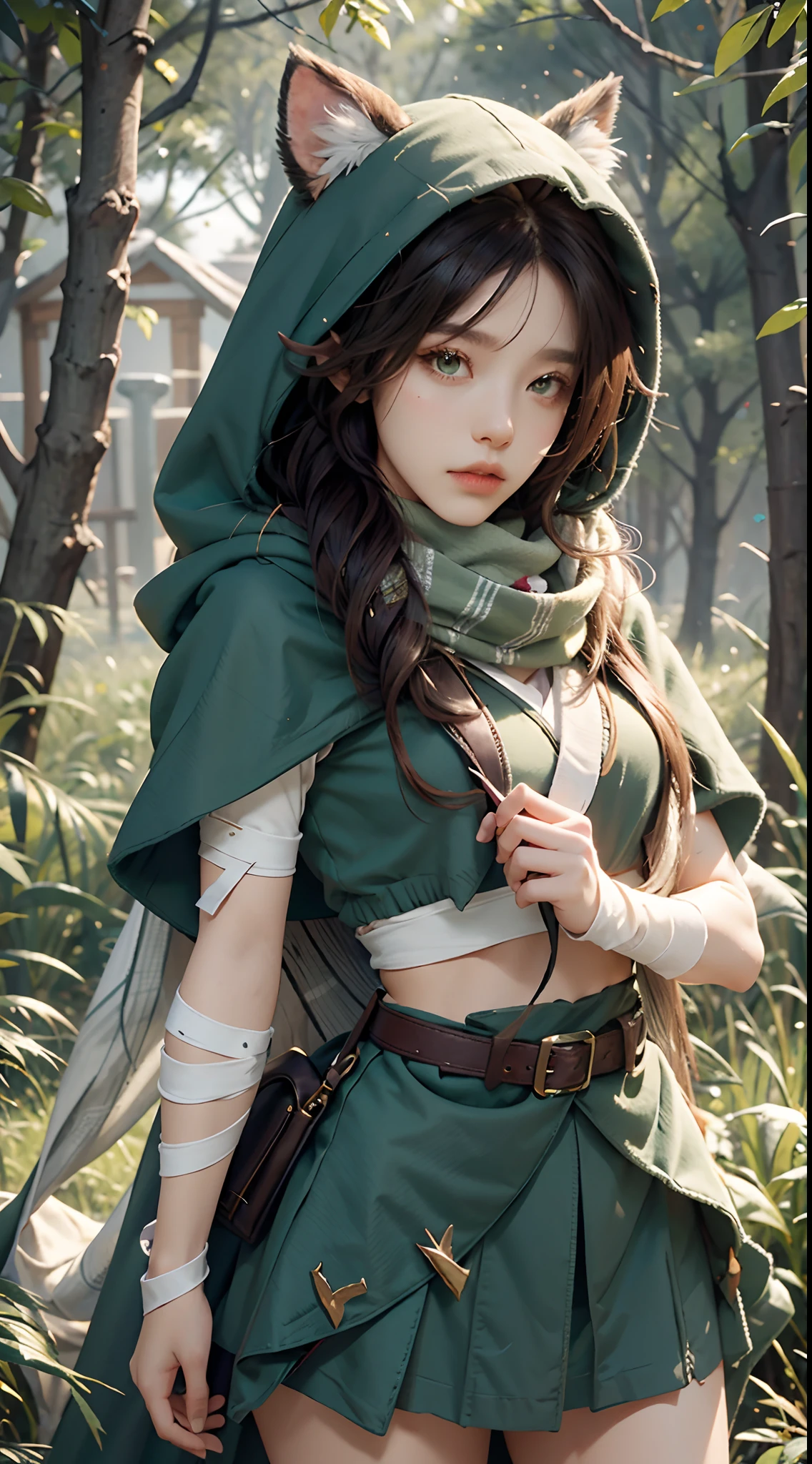 Grass, Sky, Field, League of Legends, 1girl, elf, druid, animal ears, bandage legs, long legs, bandage, bandage, bird legs, bird skull, cape, shut up, ears by headdress, eyes visible through hair, face drawings, feathers, hood, hooded cape, long hair, brown green eyes, Ginger, red hair, colorite hair, armor, blue scarf, scarf, scarf, scarf long hair, hooded scarf, green clothes, green skirt, long skirt, leather armor, nose ring, nostrils, backpack