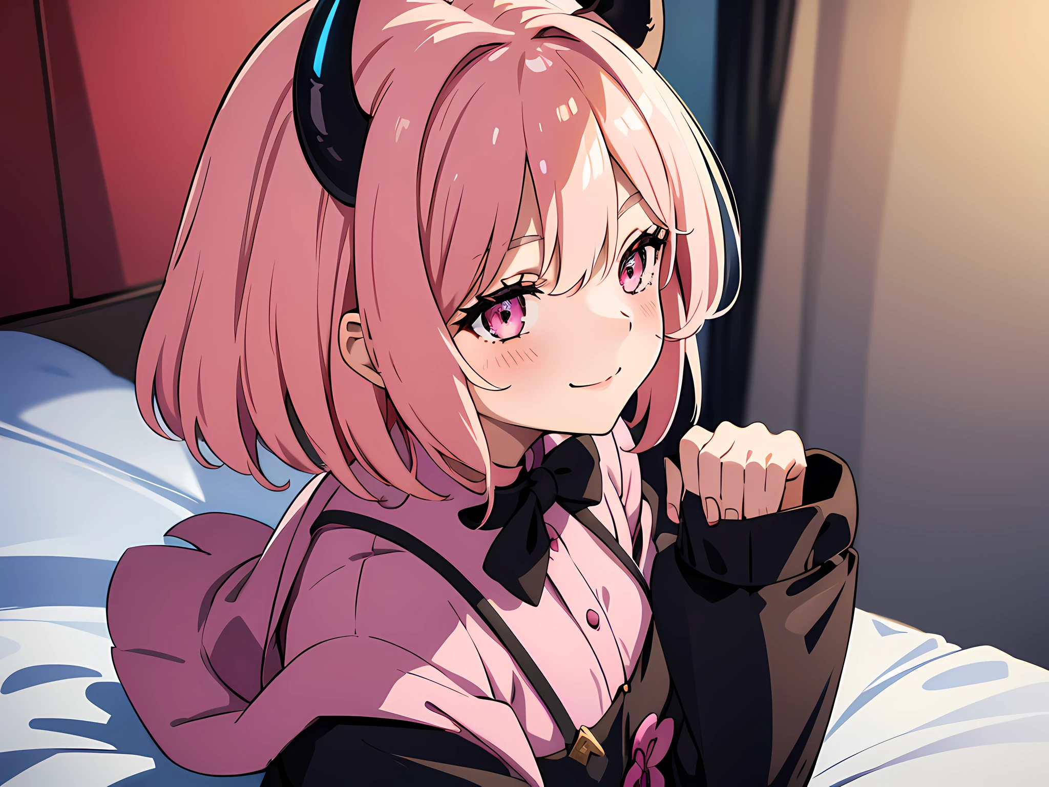 (1 girl, with demon horns), (beautiful eyes finely detailed, Face to detail, pink hair color, short hair), oldschool black magical student uniform, long skirt, sitting on bed with arms behind her back, mischievous facial expression, smiling, blush on her face, camera angle from top, full body, masterpiece sidelighting, ​masterpiece, top-quality, detailed, High resolution illustration