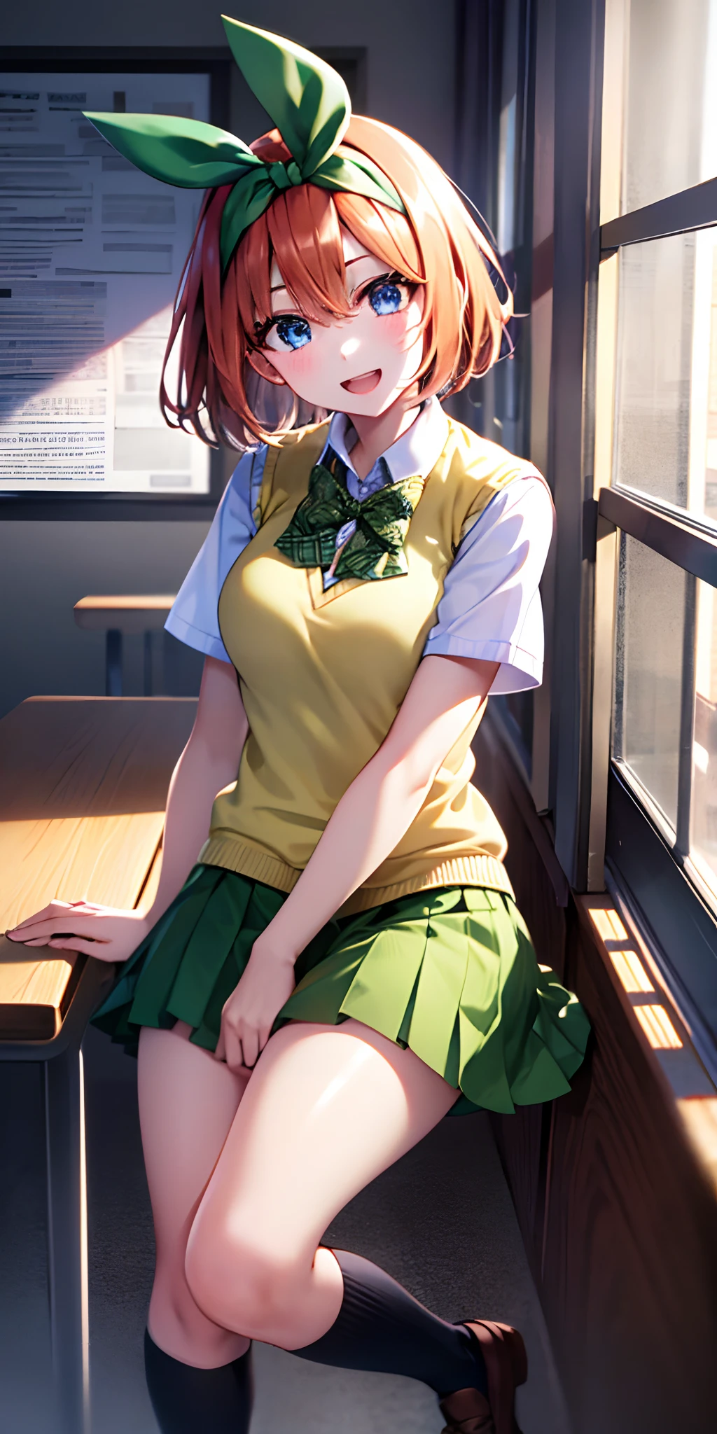 yotsubanakano, yotsuba nakano, bangs, short hair, blue eyes, hair between eyes, hair ribbon, hairband, orange hair, green ribbon,
BREAK skirt, shirt, bow, ribbon, school uniform, white shirt, short sleeves, pleated skirt, shoes, socks, collared shirt, miniskirt, bowtie, black footwear, kneehighs, green skirt, black socks, loafers, green bow, sweater vest, green ribbon, (yellow sweater vest:1.5),
BREAK looking at viewer,
BREAK indoors, classroom,
BREAK (masterpiece:1.2), best quality, high resolution, unity 8k wallpaper, (illustration:0.8), (beautiful detailed eyes:1.6), extremely detailed face, perfect lighting, extremely detailed CG, (perfect hands, perfect anatomy),
happy smile, laugh, teeth, wide-eyed, dynamic pose, head tilt, facing at viewer, looking up at viewer,