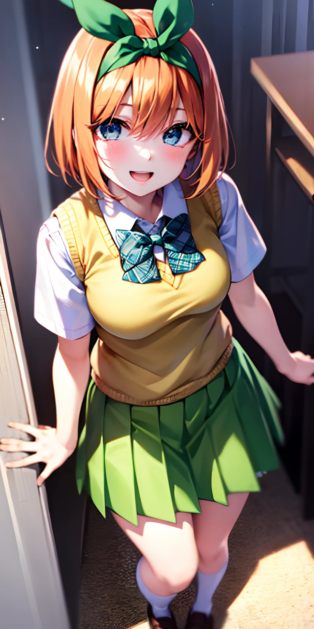 yotsubanakano, yotsuba nakano, bangs, short hair, blue eyes, hair between eyes, hair ribbon, hairband, orange hair, green ribbon,
BREAK skirt, shirt, bow, ribbon, school uniform, white shirt, short sleeves, pleated skirt, shoes, socks, collared shirt, miniskirt, bowtie, black footwear, kneehighs, green skirt, black socks, loafers, green bow, sweater vest, green ribbon, (yellow sweater vest:1.5),
BREAK looking at viewer,
BREAK indoors, classroom,
BREAK (masterpiece:1.2), best quality, high resolution, unity 8k wallpaper, (illustration:0.8), (beautiful detailed eyes:1.6), extremely detailed face, perfect lighting, extremely detailed CG, (perfect hands, perfect anatomy),
happy smile, laugh, teeth, wide-eyed, dynamic pose, head tilt, from above, looking up at viewer,