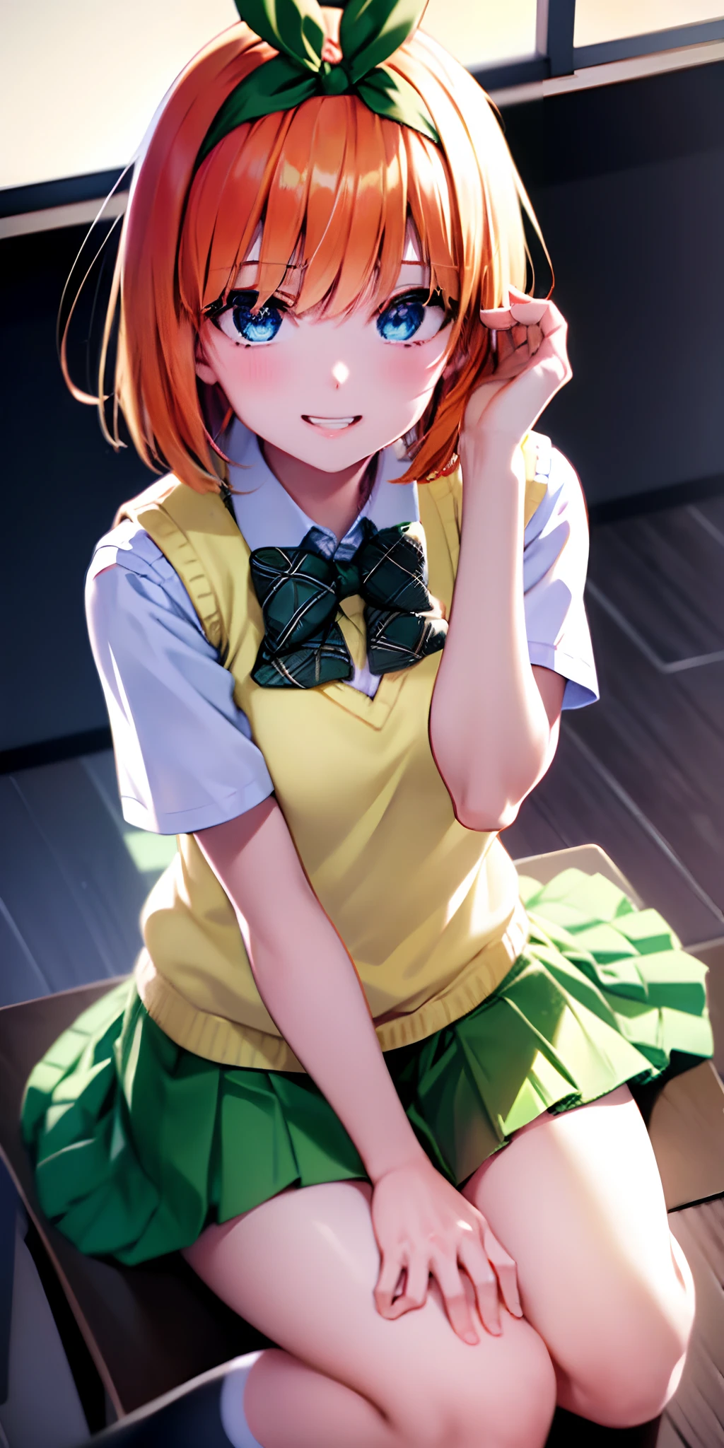 yotsubanakano, yotsuba nakano, bangs, short hair, blue eyes, hair between eyes, hair ribbon, hairband, orange hair, green ribbon,
BREAK skirt, shirt, bow, ribbon, school uniform, white shirt, short sleeves, pleated skirt, shoes, socks, collared shirt, miniskirt, bowtie, black footwear, kneehighs, green skirt, black socks, loafers, green bow, sweater vest, green ribbon, (yellow sweater vest:1.5),
BREAK looking at viewer,
BREAK indoors, classroom,
BREAK (masterpiece:1.2), best quality, high resolution, unity 8k wallpaper, (illustration:0.8), (beautiful detailed eyes:1.6), extremely detailed face, perfect lighting, extremely detailed CG, (perfect hands, perfect anatomy),
happy smile, laugh, grin,white teeth, wide-eyed, dynamic pose, head tilt, from above, looking up at viewer,