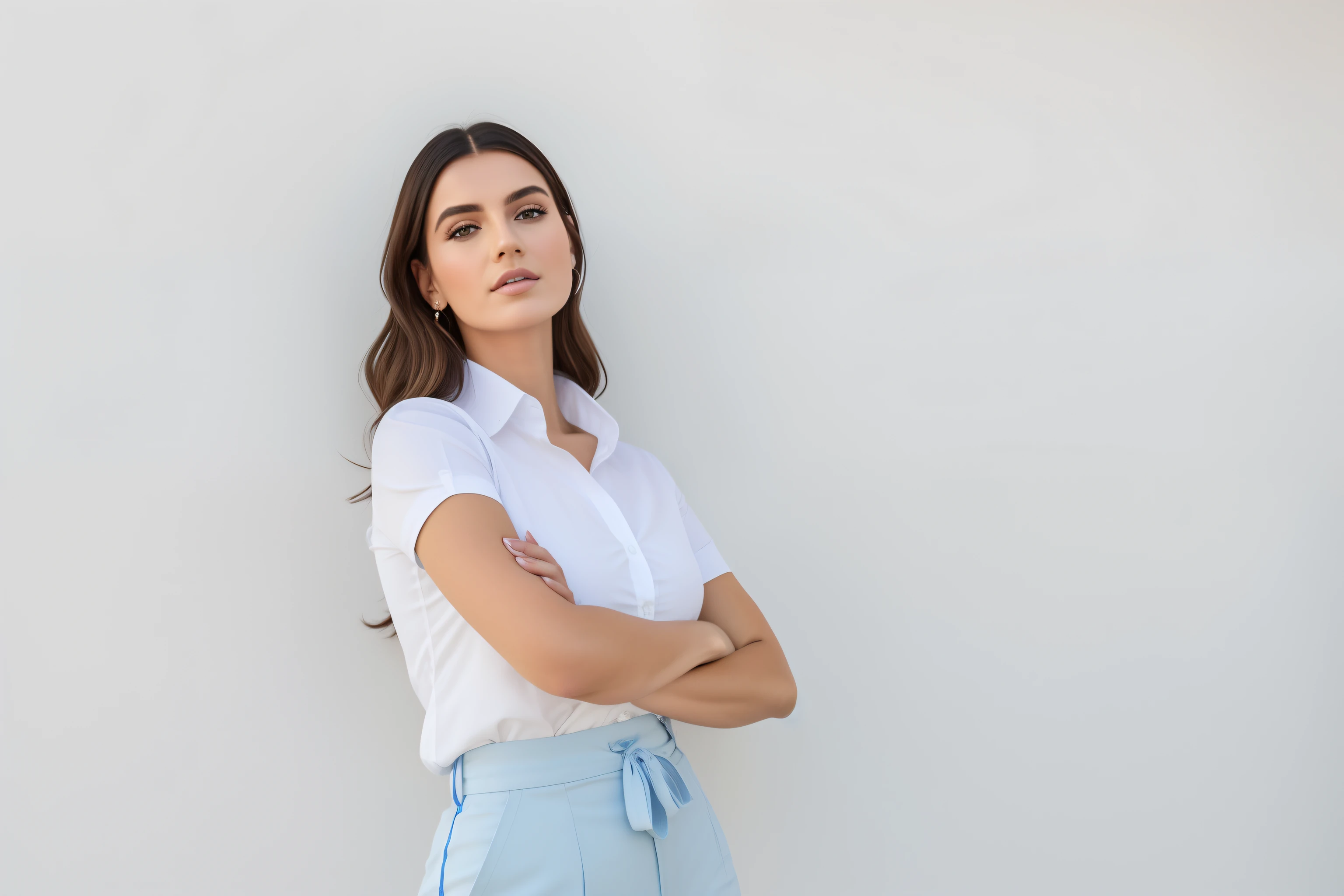 Mujer con camisa blanca y falda azul sentada en una mesa en una cita con los brazos cruzados, Foto de una mujer, Jovana Rikalo, posando con los brazos cruzados, pose casual, Brazos cruzados, Mujer posando, frente al fondo blanco, Alina Ivanchenko, con una camisa blanca abotonada, con una camisa blanca, con una camisa azul claro, en una cita, en un restaurante sencillo, una sola persona