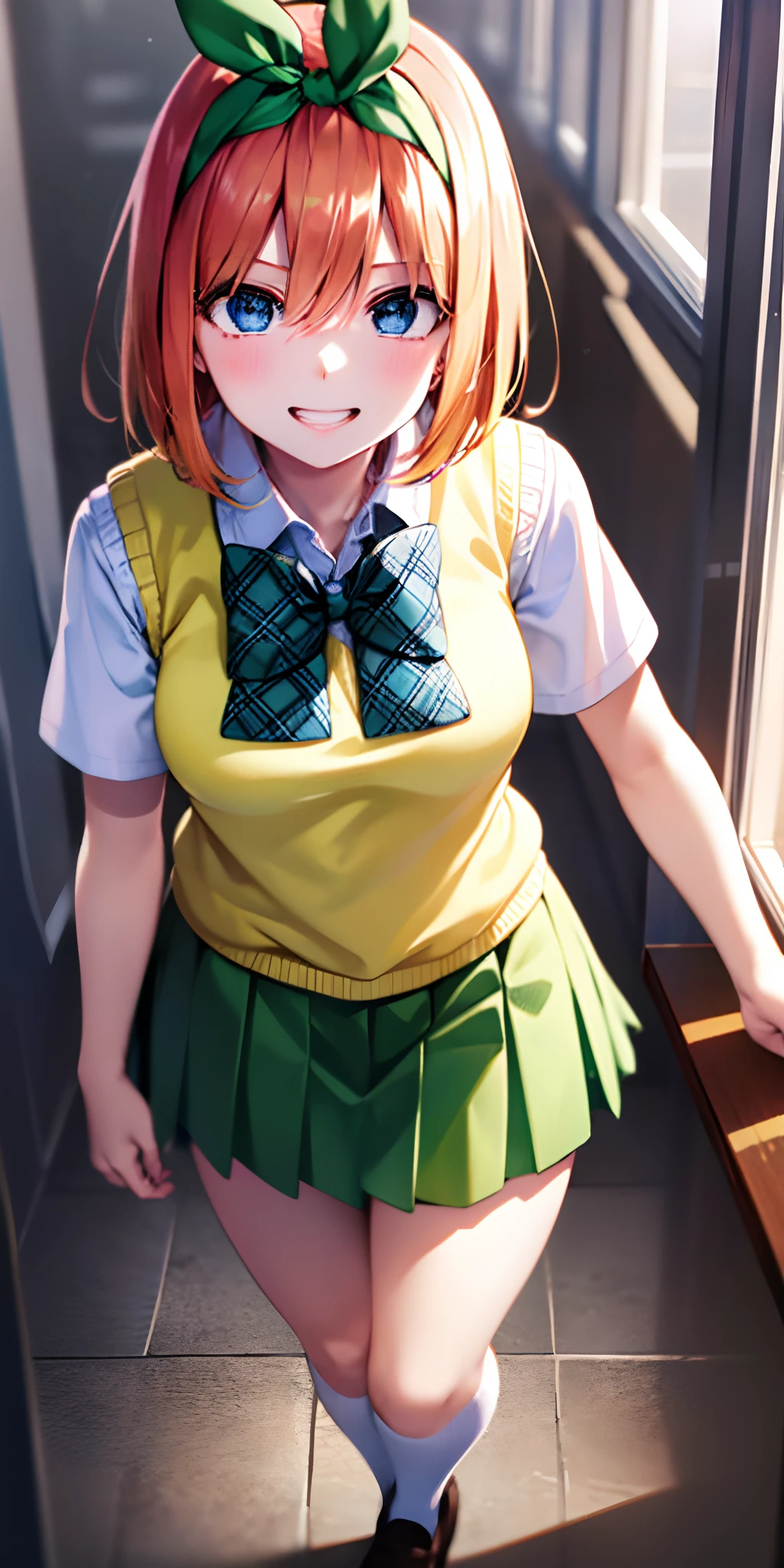 yotsubanakano, yotsuba nakano, bangs, short hair, blue eyes, hair between eyes, hair ribbon, hairband, orange hair, green ribbon,
BREAK skirt, shirt, bow, ribbon, school uniform, white shirt, short sleeves, pleated skirt, shoes, socks, collared shirt, miniskirt, bowtie, black footwear, kneehighs, green skirt, black socks, loafers, green bow, sweater vest, green ribbon, (yellow sweater vest:1.5),
BREAK looking at viewer,
BREAK indoors, classroom,
BREAK ultra-detailed, best quality, high resolution, unity 8k wallpaper, extremely detailed CG, (beautiful detailed eyes:1.6), extremely detailed face, perfect lighting, extremely detailed CG, (perfect hands, perfect anatomy),
happy smile, laugh, grin,white teeth, wide-eyed, dynamic pose, head tilt, from above, looking up at viewer,