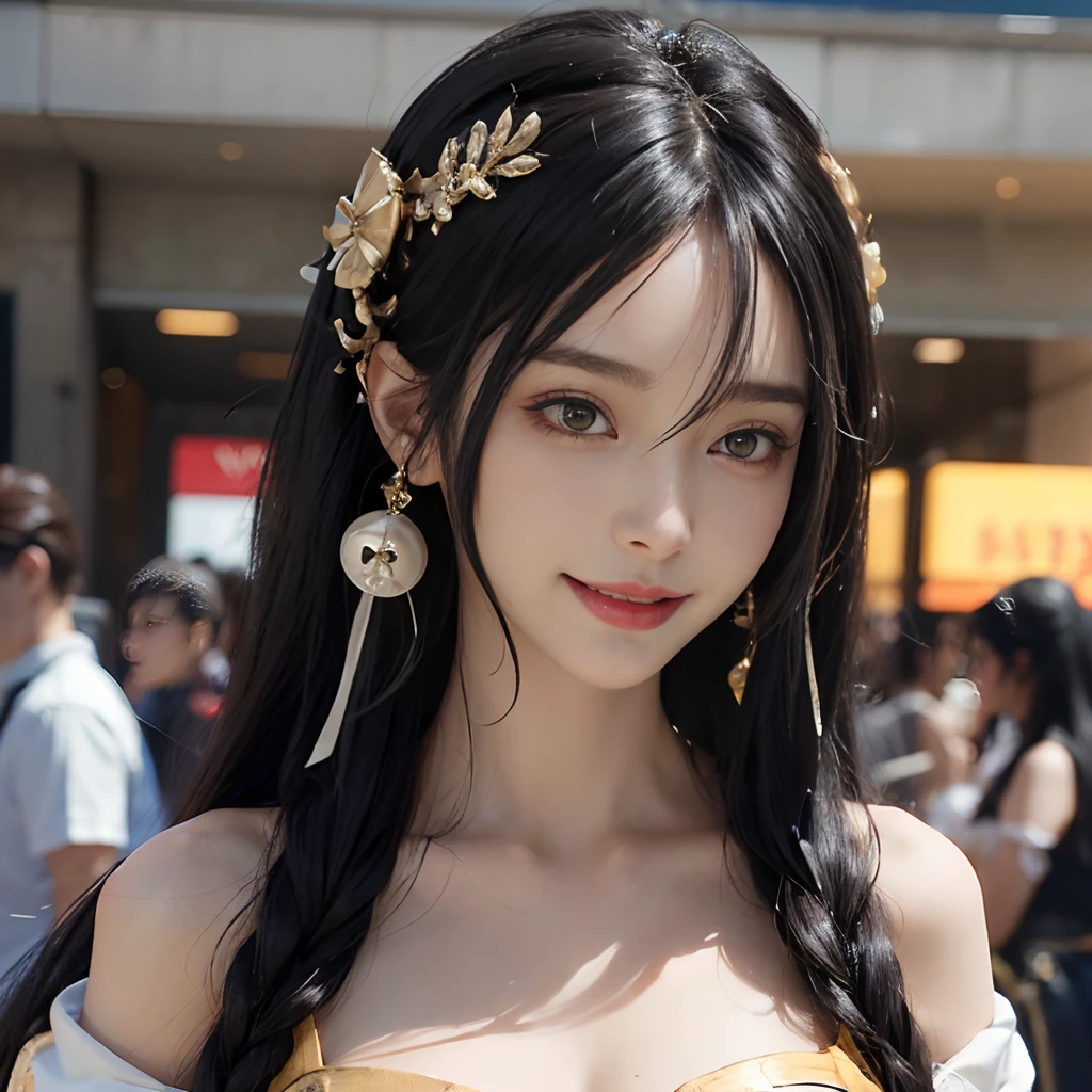 Outdoors, 1 baby girl, view from above, upper body whole body, Henri, long hair, half updo, Mitsuami, hair between eyes, animal ears, earrings, Horse tail, big boobs, frills, Black Ascot, green one piece, (sleeves past wrists:1.2), black thighs, upward gaze, shy smile