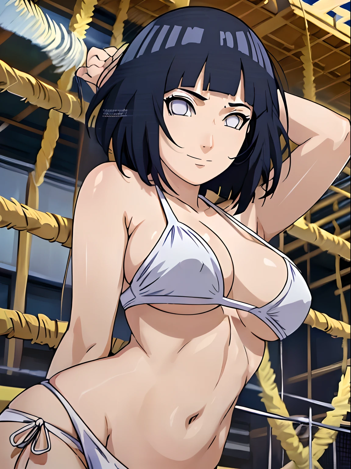 wind effect, flexing arm muscles, cloud background, anime style, cute , beautiful mother, nice body, soft body, long belly, (hinata\(boruto\), (female wrestler), (slender body), mature woman , broad shoulders, off-shoulders, (transparent bikini, white bikini only,  pro wrestling outfit, bangles), smile, closed mouth, pale skin, cute, smile, (dark blue hair color:1.1), wavy hair, floating hair, ((short hair, hime cut, loose hair), big breasts, (only one arm stretching), long belly, (closed fists), , (perfect eyes, white sciera, bright eyes, white eyes, anime eyes)