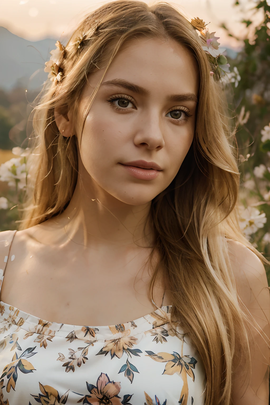 close up headshot portrait photo of a woman with long blonde hair slim athletic figure ((wearing a floral print sundress)) (with the countryside and mountains in the background:0.8) medium_shot ((athletic)) outdoors daylight ((bokeh)) sunrise sunset golden_hour standing ornate detail realistic solo (freckles:0.5)