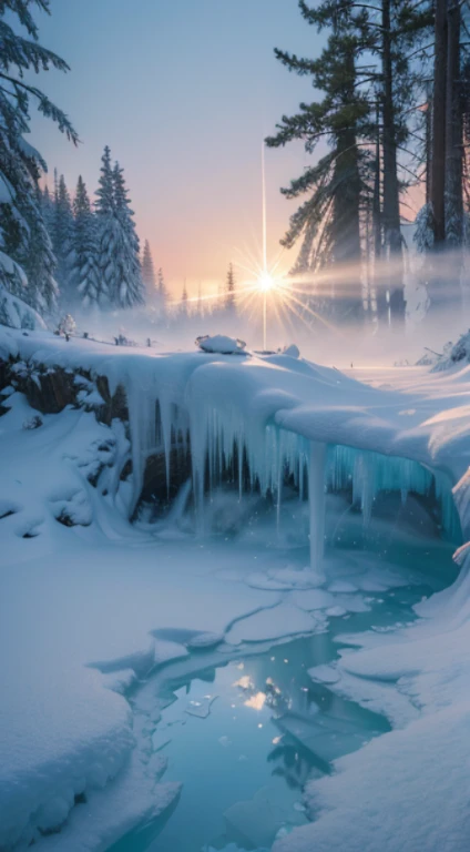 Model shooting style, (extremely detailed 8k cg wallpape),extreme light,1girll,Cold winter,The girl raised her hands in the air,Pour hot water into the sky,Splash the water into the sky,A beautiful spectacle of ice mist was formed,The girl looked up at the beautiful ice mist,In the background is a pine forest covered in snow,Heavy snow covered the jungle,The pine trees are full of ice flowers,ultra-realistic realism,Excellent photography,Professional light and shadow effects,The splash of water splashing into the sky unfolds in an elegant arc of ice mist,The sun shines through the ice mist,Shine brightly,brilliant colorful,The setting sun dyes the snow-capped pine forests golden,Beautiful young wind spirit, Ice Princess, Crystal clear ice mist,Beautiful digital artwork, ethereal essence, A witch who casts ice mist, glowing lens flare wraith girl,Arte conceitual de inverno, inspired by Andreas Rocha, andreas rocha style, detailed fantasy digital art, 4k highly detailed digital art, Fantasy art Behance, surreal frozen landscape, ❄️ Dream concept art, bussiere rutkowski andreas rocha, highly detailed fantasy art, Detailed digital 2D fantasy art