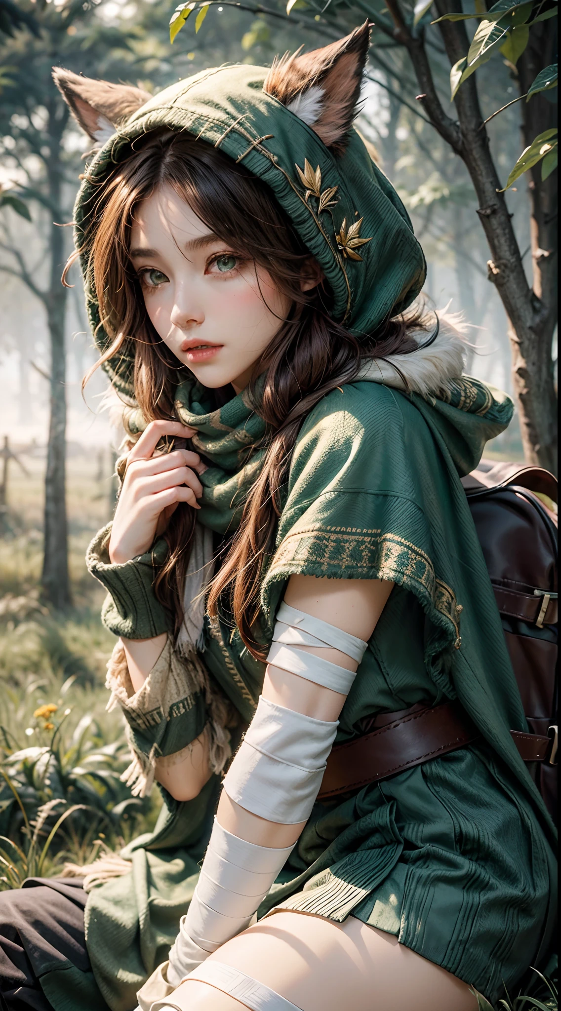Grass, Sky, Field, League of Legends, 1girl, elf, druid, animal ears, bandage legs, long legs, bandage, bandage, bird legs, bird skull, cape, shut up, ears by headdress, eyes visible through hair, face drawings, feathers, hood, hooded cape, long hair, brown green eyes, Ginger, red hair, colorite hair, armor, blue scarf, scarf, scarf, scarf long hair, hooded scarf, green clothes, green skirt, long skirt, leather armor, nose ring, nostrils, backpack