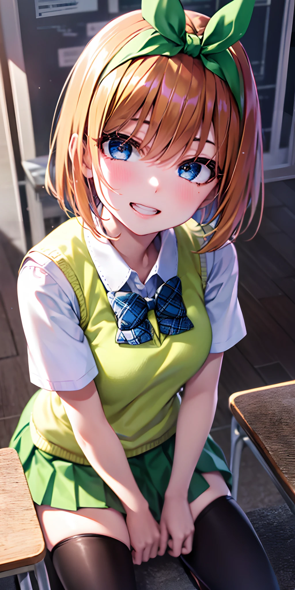 yotsubanakano, yotsuba nakano, bangs, short hair, blue eyes, hair between eyes, hair ribbon, hairband, orange hair, green ribbon,
BREAK skirt, shirt, bow, ribbon, school uniform, white shirt, short sleeves, pleated skirt, shoes, socks, collared shirt, miniskirt, bowtie, black footwear, kneehighs, green skirt, black socks, loafers, green bow, sweater vest, green ribbon, (yellow sweater vest:1.5),
BREAK looking at viewer,
BREAK indoors, classroom,
BREAK ultra-detailed, best quality, high resolution, unity 8k wallpaper, extremely detailed CG, (beautiful detailed eyes:1.6), extremely detailed face, perfect lighting, extremely detailed CG, (perfect hands, perfect anatomy),
happy smile, laugh, grin,white teeth, wide-eyed, dynamic pose, head tilt, from above, looking up at viewer,