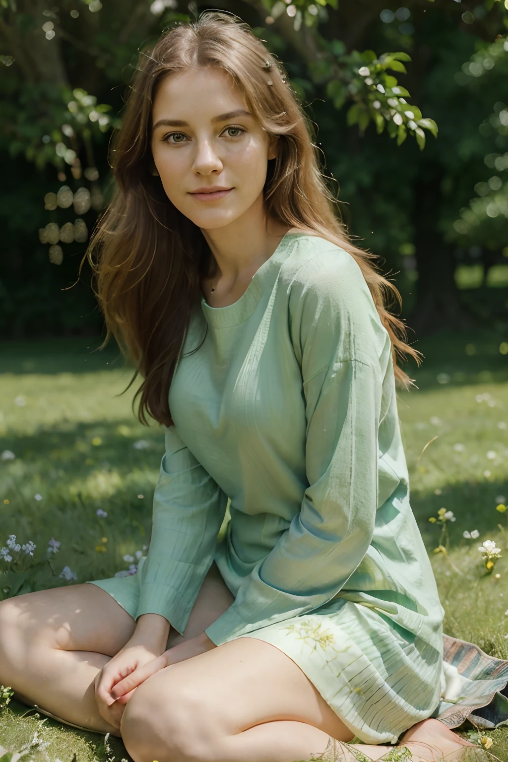 "(best quality, realistic), beautiful Irishwomen, sitting in a green park, (vibrant colors, picturesque scenery), (soft sunlight, warm glow), (lush grass, blooming flowers), (peaceful atmosphere, gentle breeze), (authentic portrait, detailed features), (serene expression, tranquil mood), (comfortable attire, casual style), (natural setting, harmonious surroundings), (blissful moment, joyful vibe)"